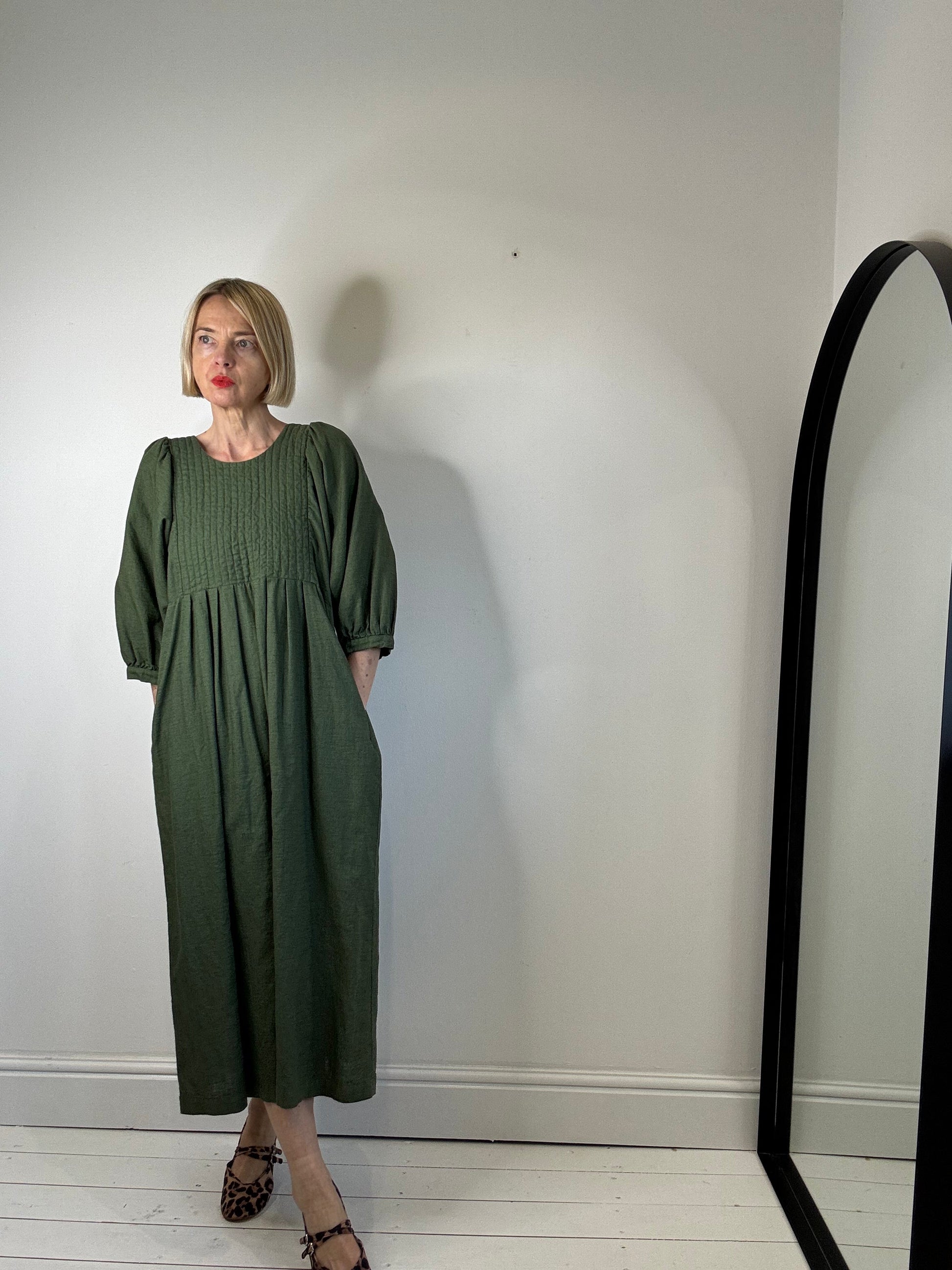 Linen Quilted Bib Dress in Khaki