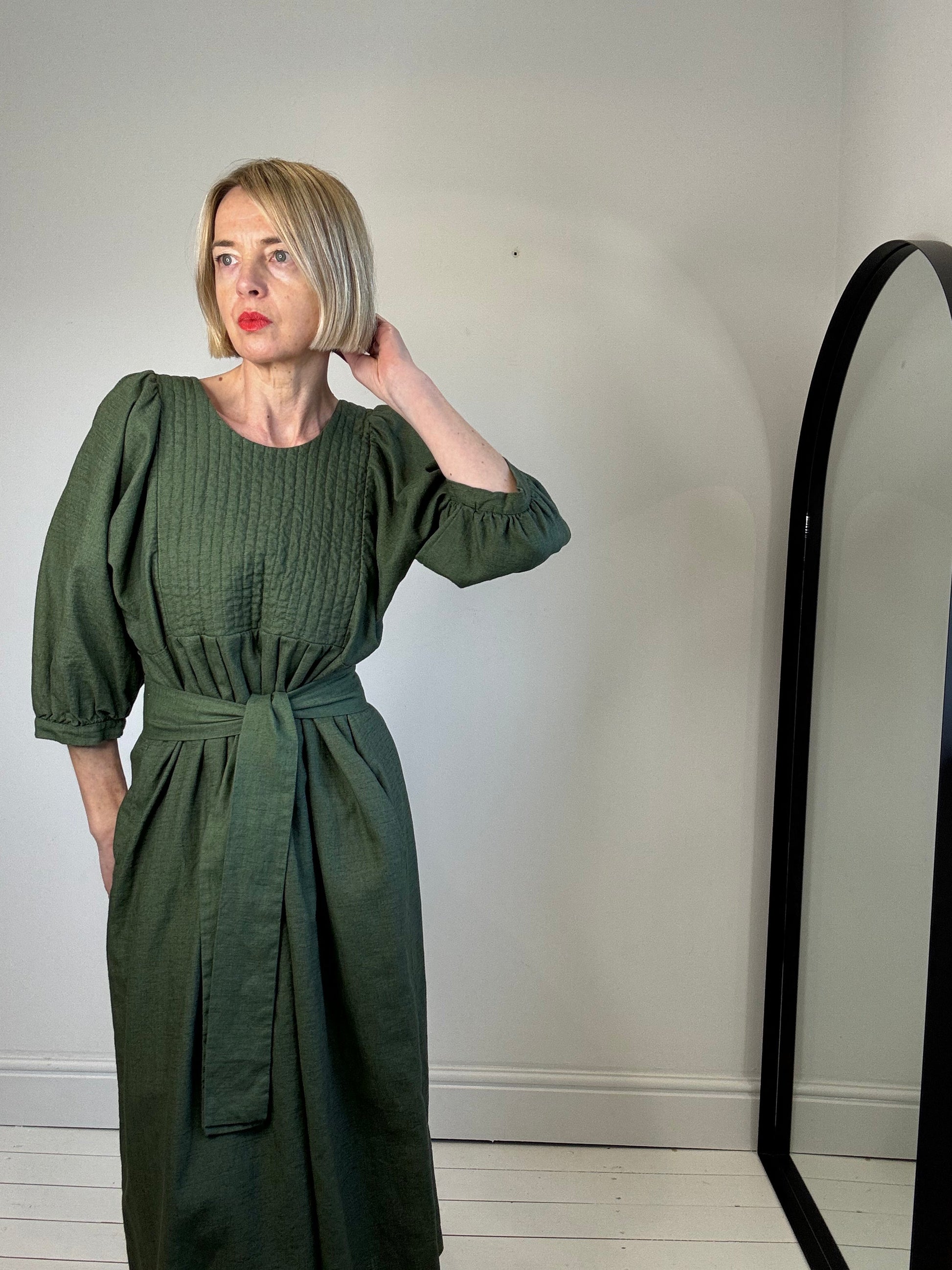 Linen Quilted Bib Dress in Khaki