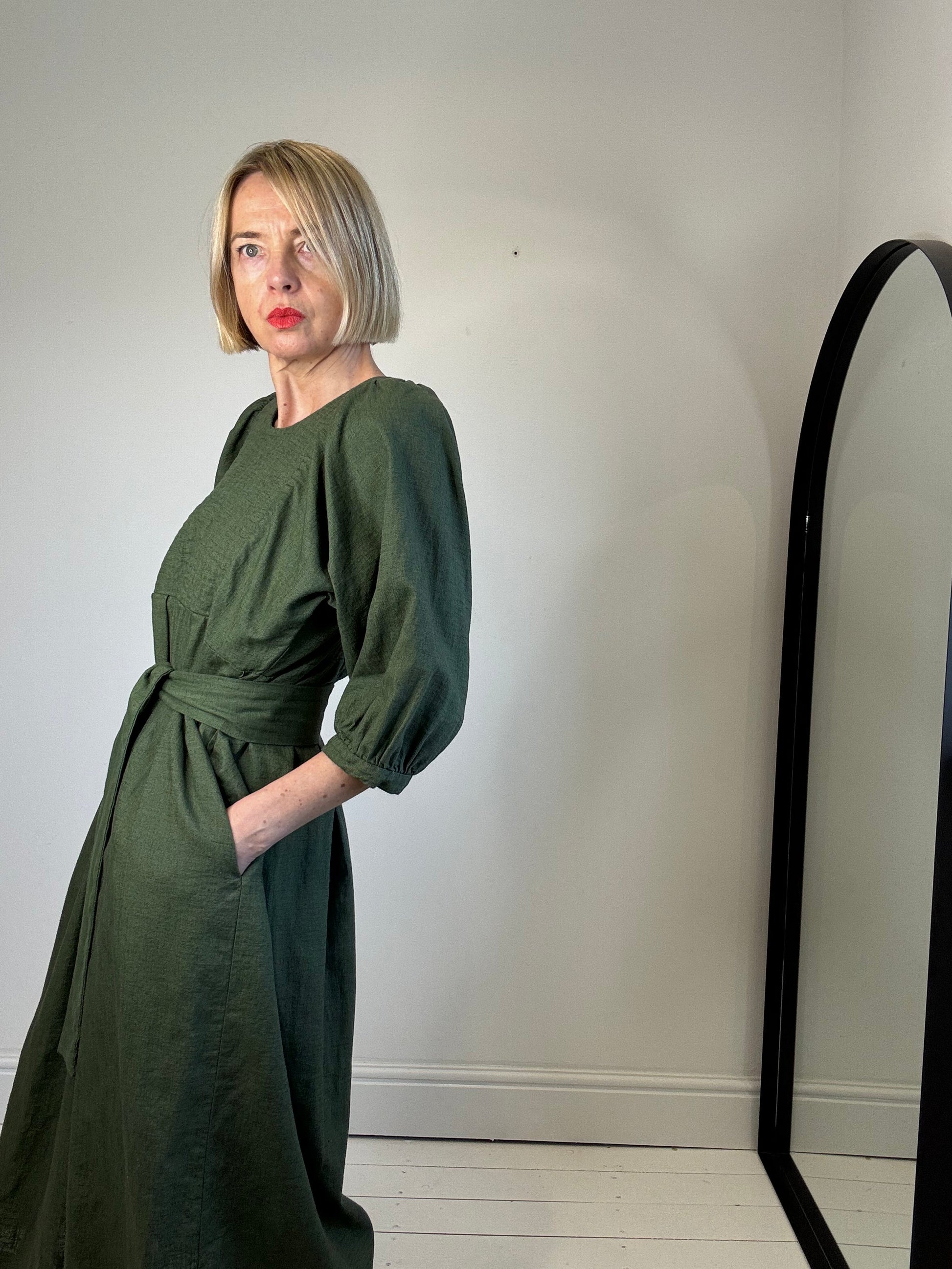 Linen Quilted Bib Dress in Khaki