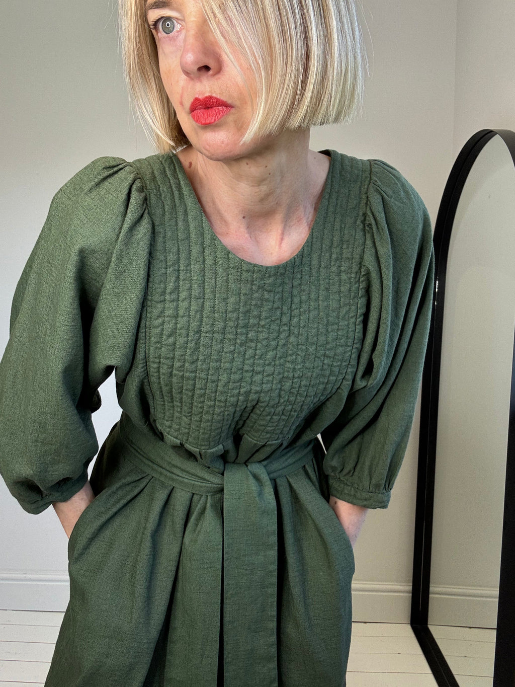 Linen Quilted Bib Dress in Khaki