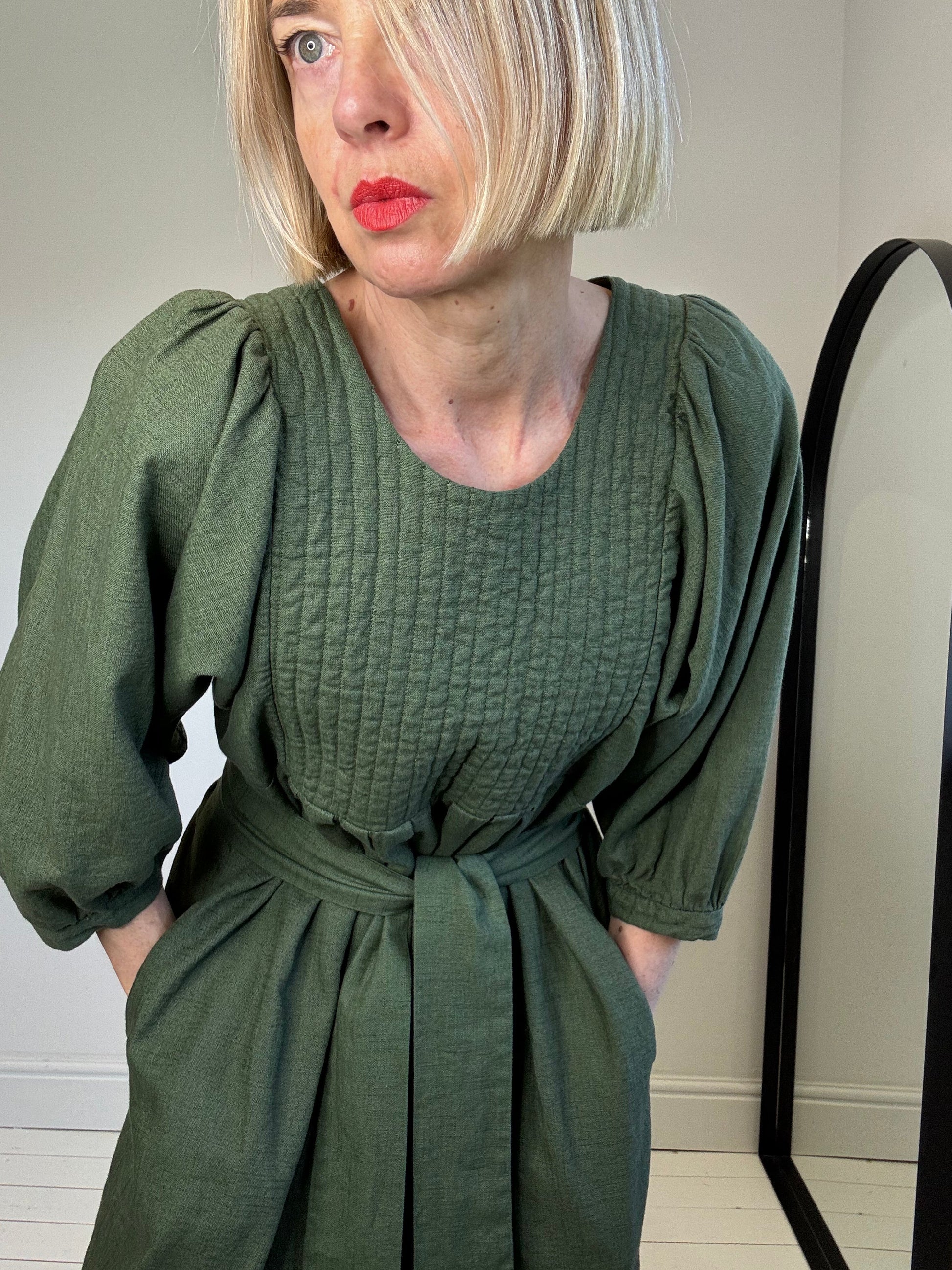 Linen Quilted Bib Dress in Khaki