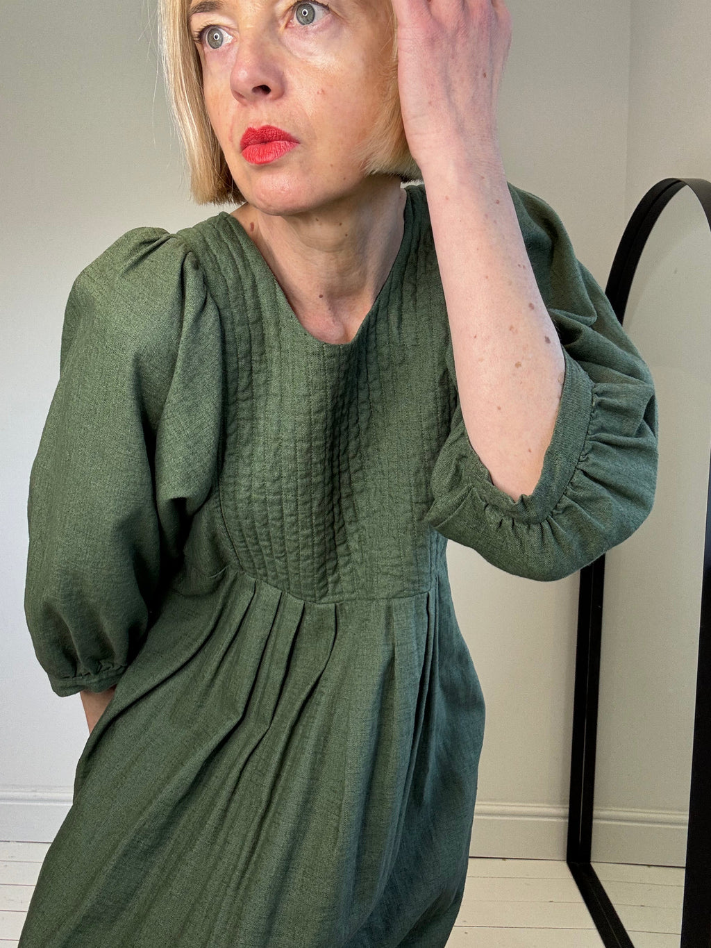 Linen Quilted Bib Dress in Khaki