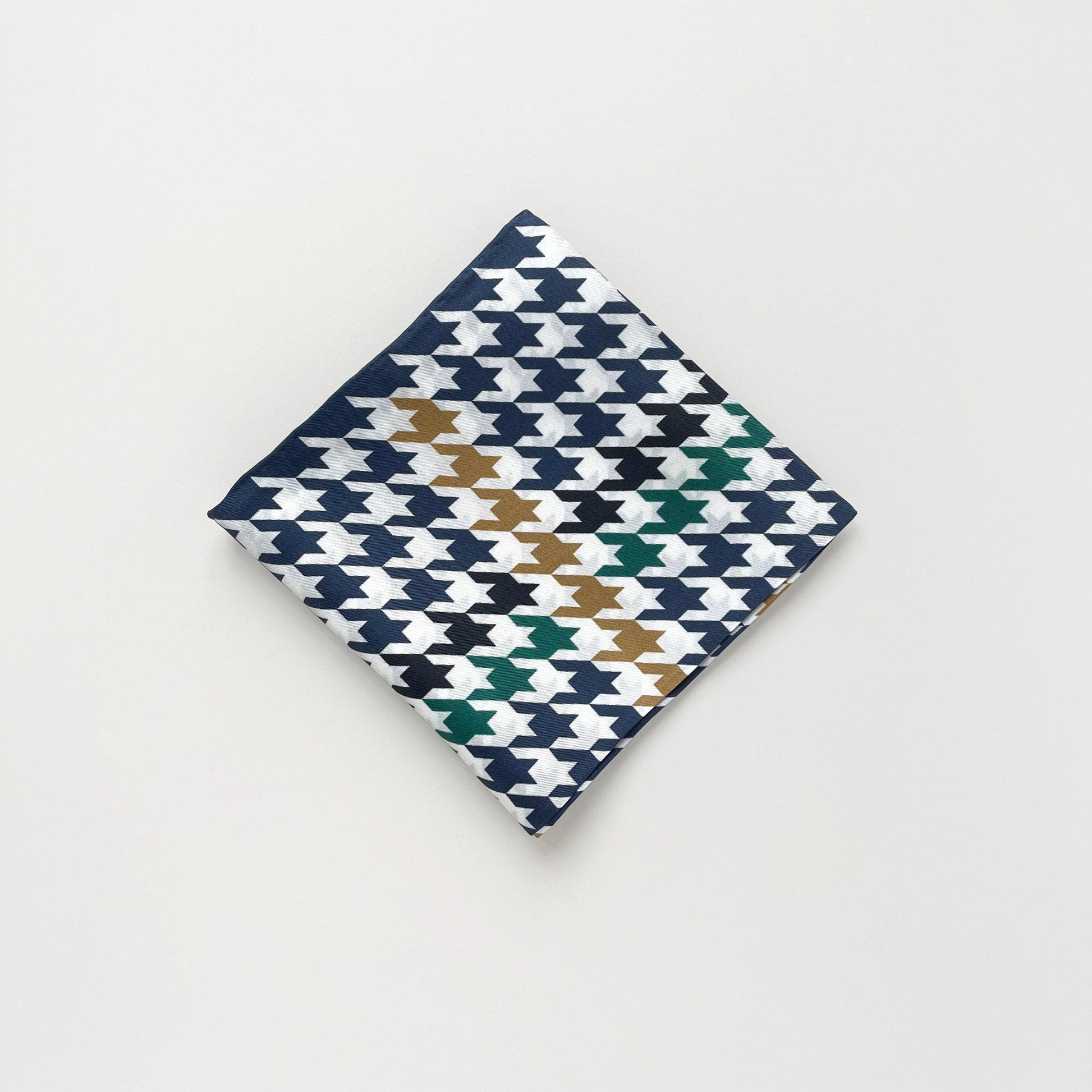 Navy Heritage Houndstooth Silk Scarf – 65cm Double-Sided Print Unisex Square with Hand-Rolled Edges