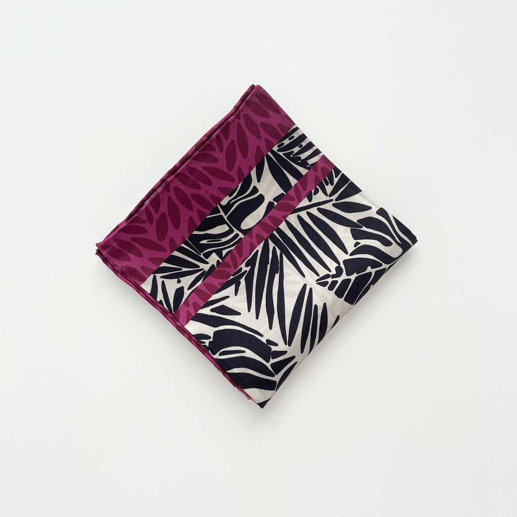 Black Beige Leafy Silk Scarf - 65cm Double-Sided Print Bandana Scarf with Hand-Rolled Edges