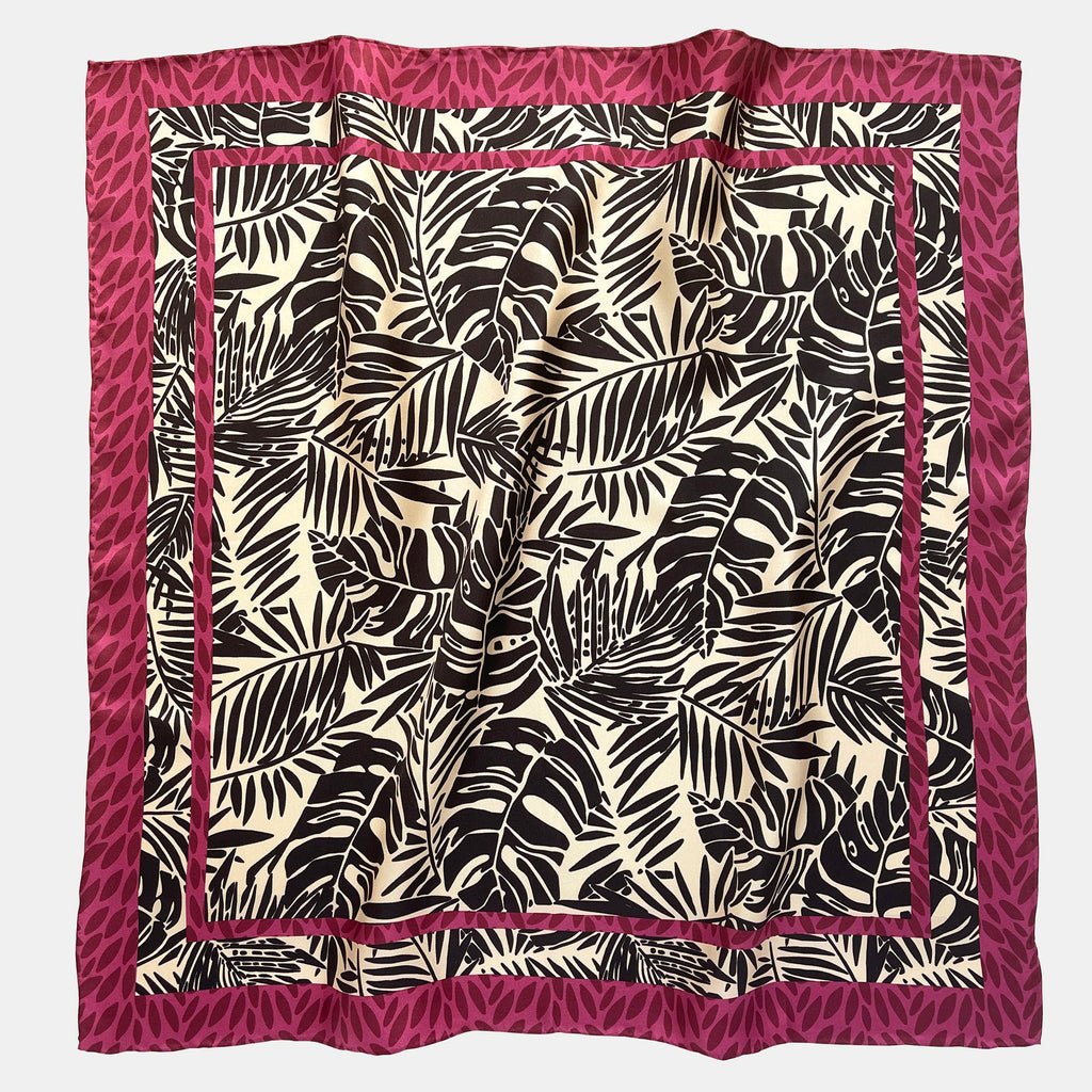 Black Beige Leafy Silk Scarf - 65cm Double-Sided Print Bandana Scarf with Hand-Rolled Edges