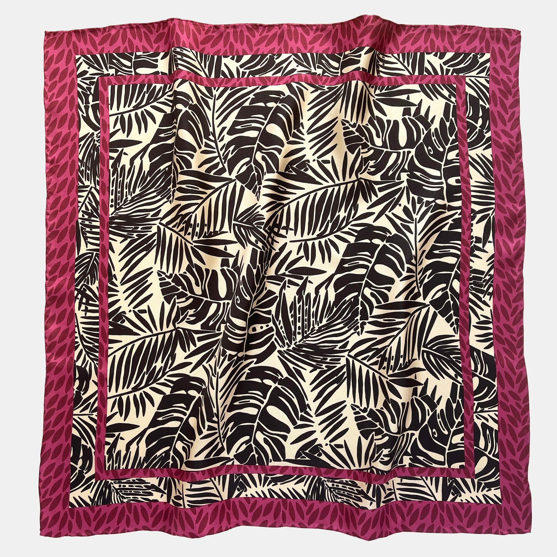 Black Beige Leafy Silk Scarf - 65cm Double-Sided Print Bandana Scarf with Hand-Rolled Edges