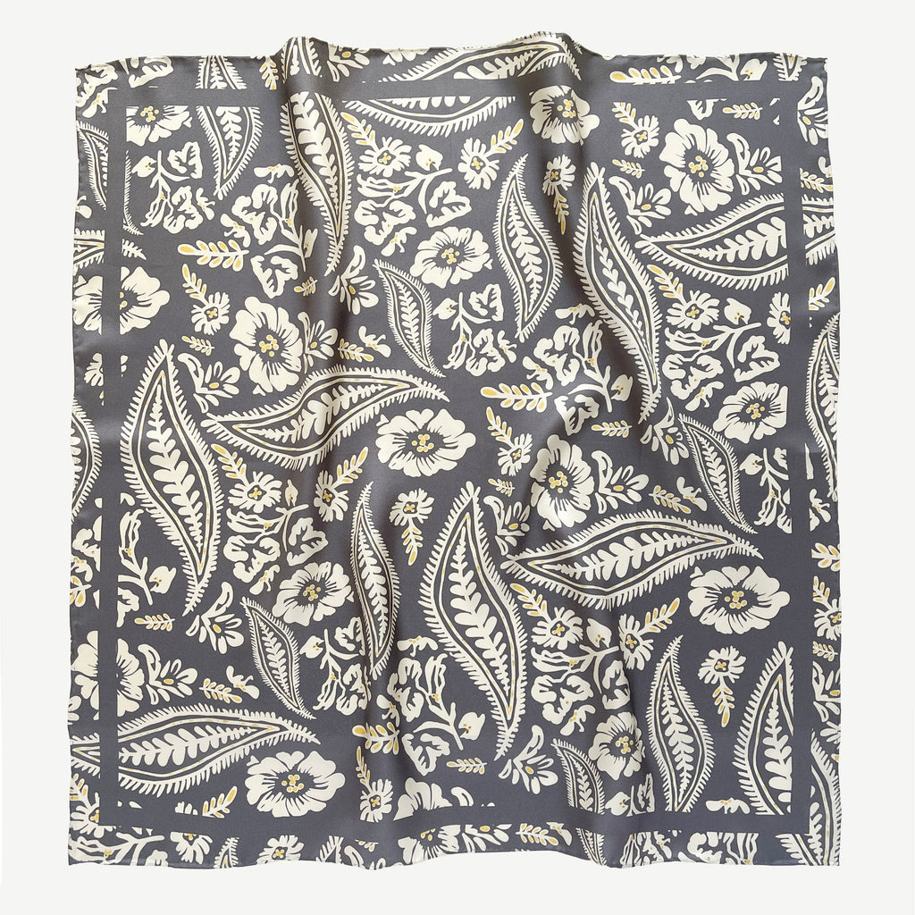 Ash Grey Meadow Blooms Silk Scarf - 65cm Hand-rolled Women's Bandana Scarf