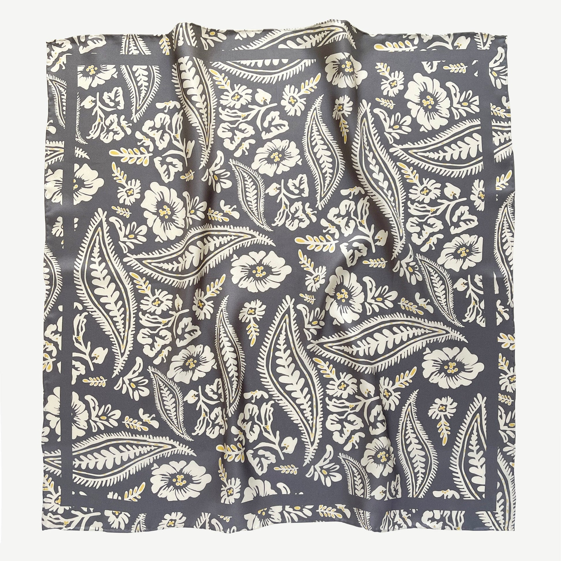 Ash Grey Meadow Blooms Silk Scarf - 65cm Hand-rolled Women's Bandana Scarf