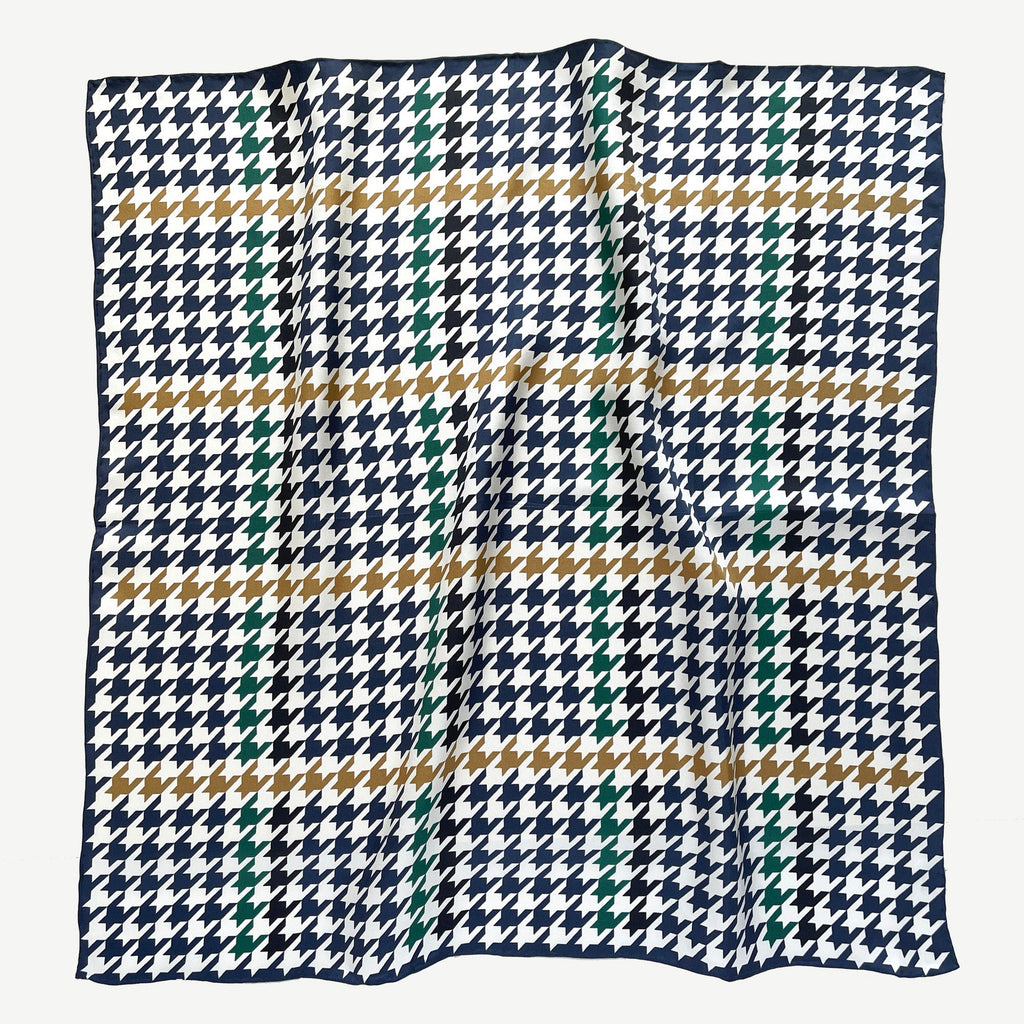 Navy Houndstooth Silk Scarf 65cm Square with Hand Rolled Edges