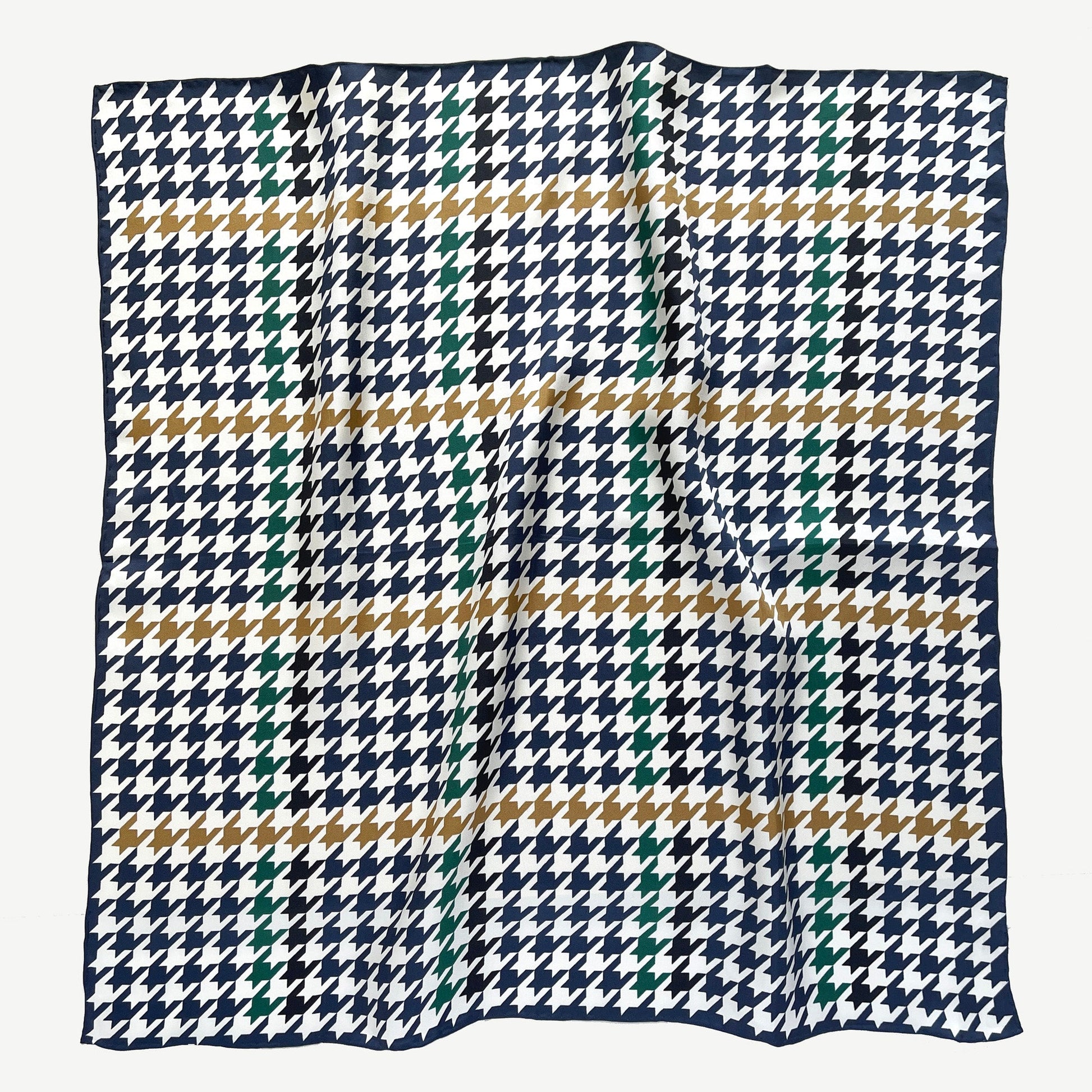 Navy Heritage Houndstooth Silk Scarf – 65cm Double-Sided Print Unisex Square with Hand-Rolled Edges