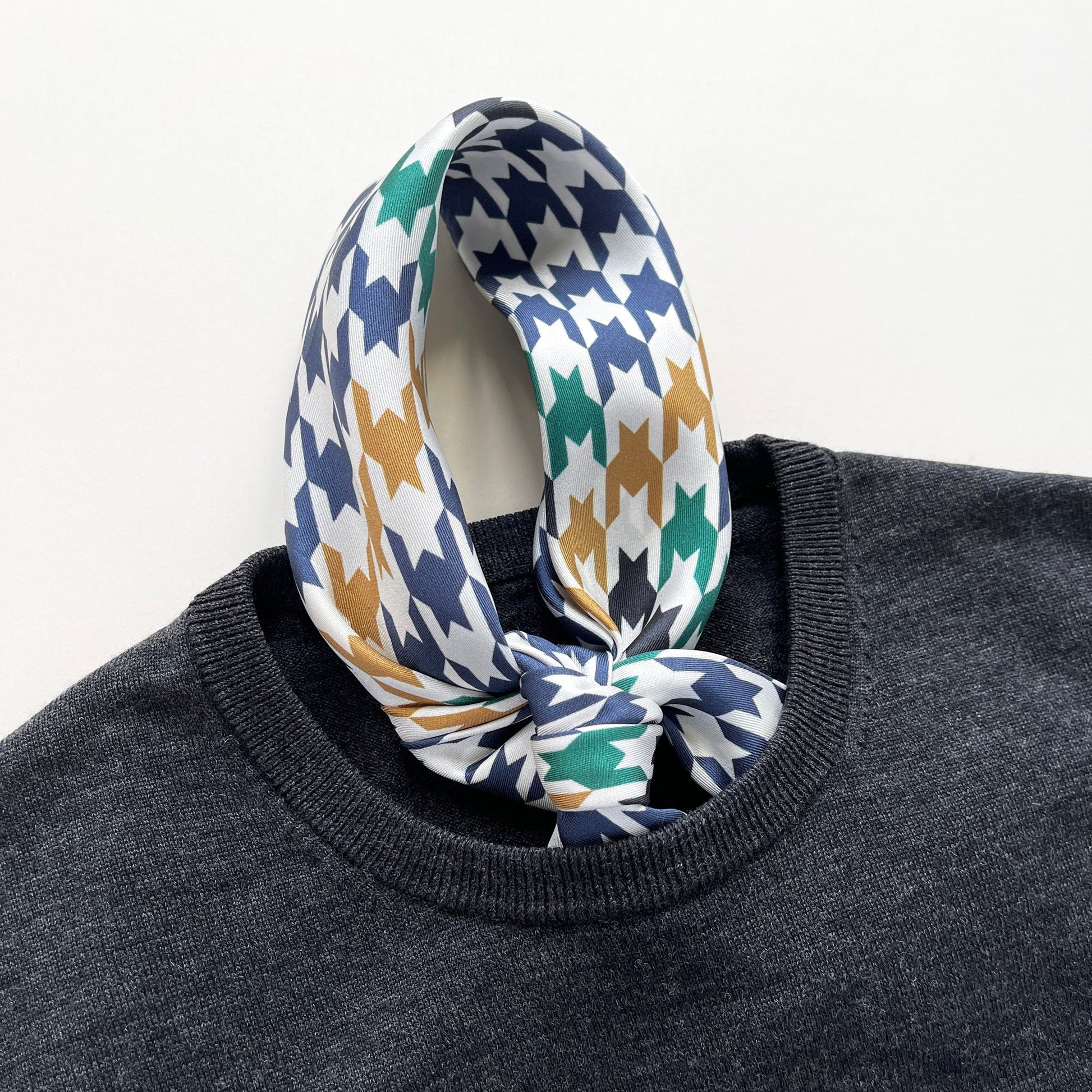 Navy Heritage Houndstooth Silk Scarf – 65cm Double-Sided Print Unisex Square with Hand-Rolled Edges