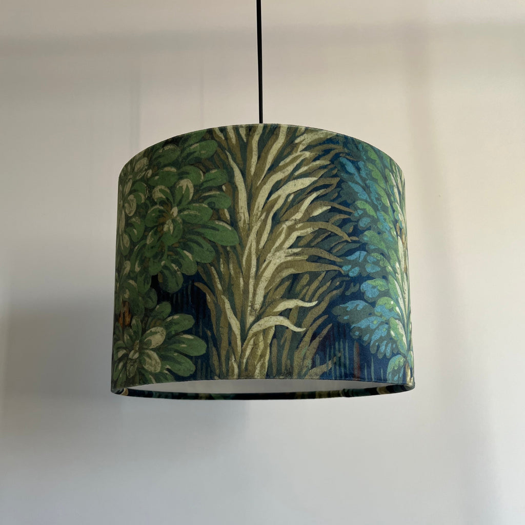 Forbidden forest velvet, drum lampshade /ceiling shade with a white lining