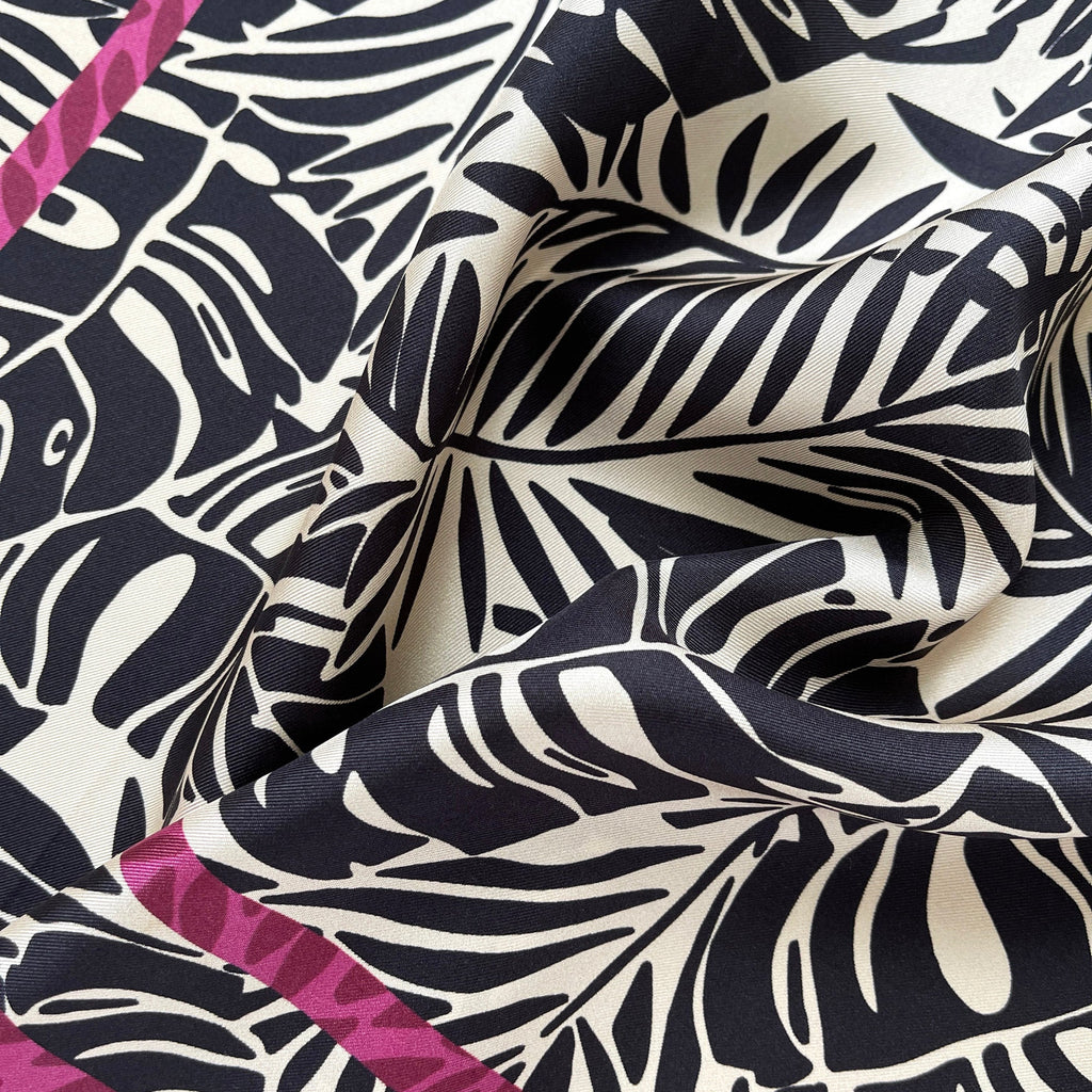 Black Beige Leafy Silk Scarf - 65cm Double-Sided Print Bandana Scarf with Hand-Rolled Edges
