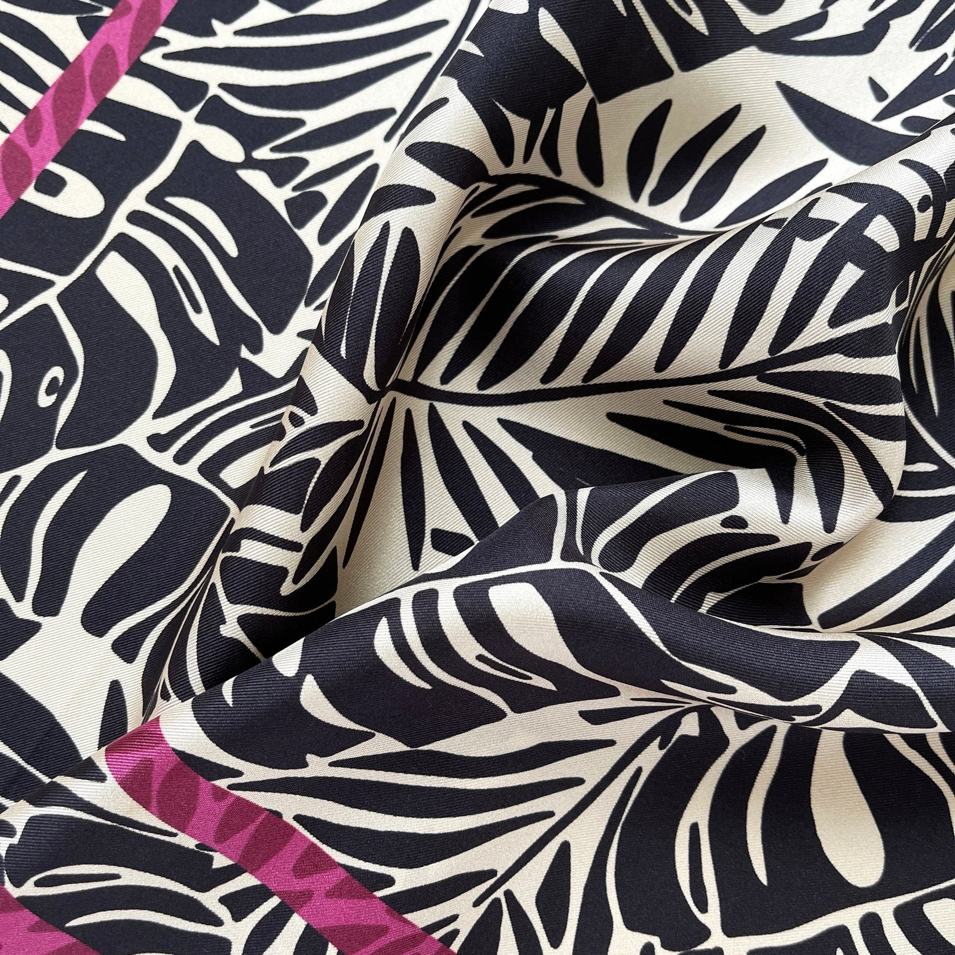 Black Beige Leafy Silk Scarf - 65cm Double-Sided Print Bandana Scarf with Hand-Rolled Edges