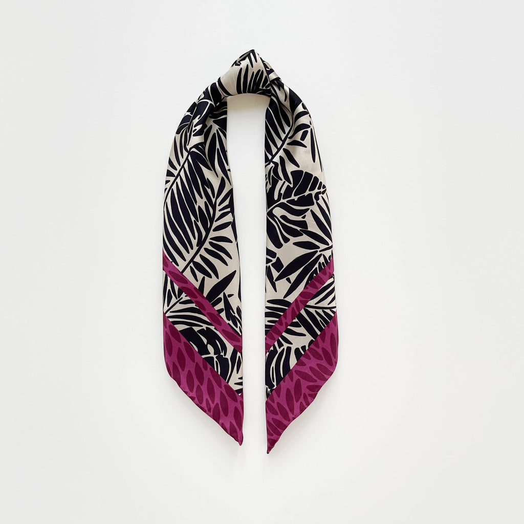Black Beige Leafy Silk Scarf - 65cm Double-Sided Print Bandana Scarf with Hand-Rolled Edges