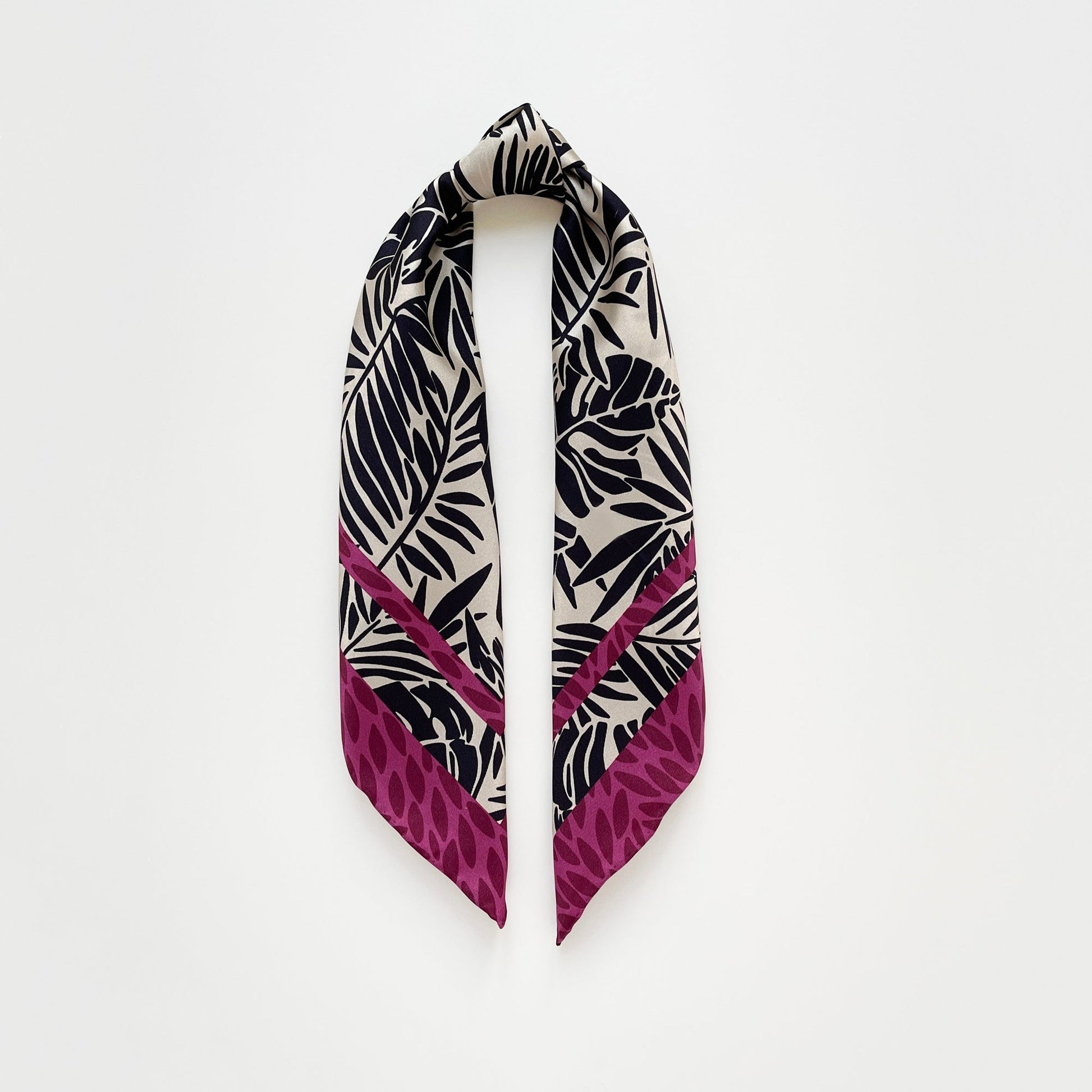 Black Beige Leafy Silk Scarf - 65cm Double-Sided Print Bandana Scarf with Hand-Rolled Edges