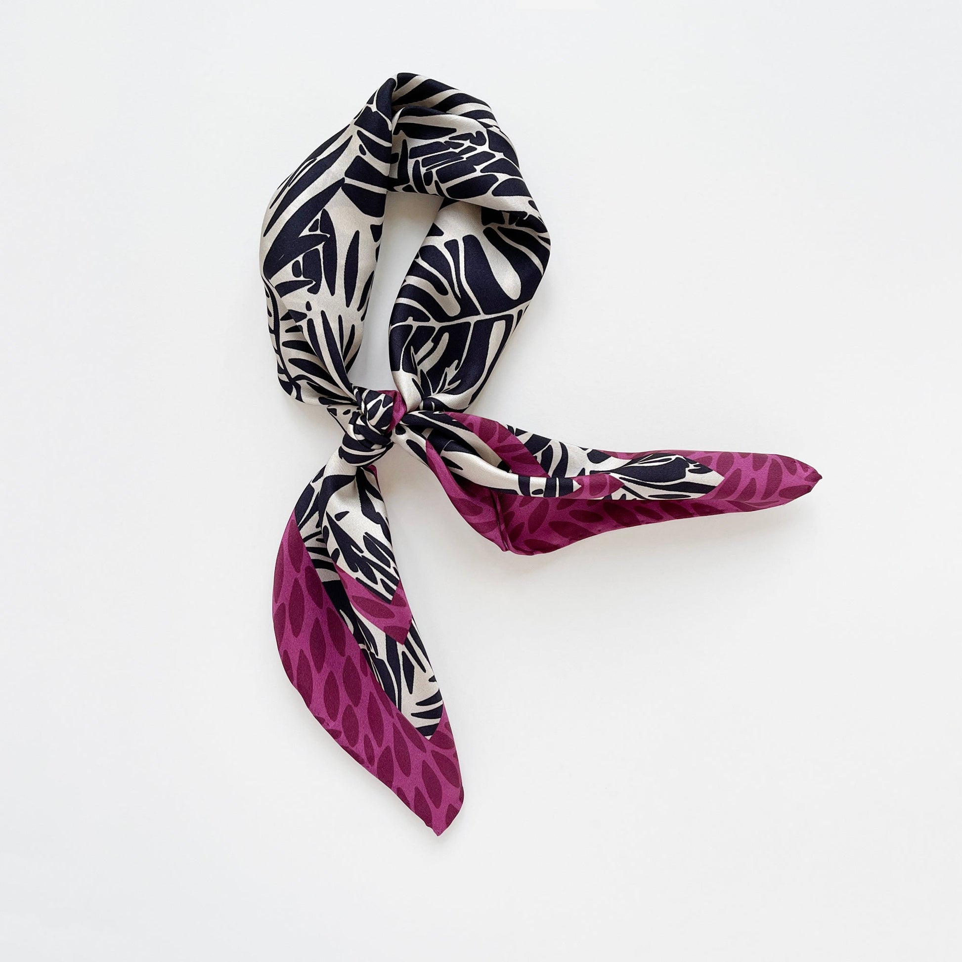 Black Beige Leafy Silk Scarf - 65cm Double-Sided Print Bandana Scarf with Hand-Rolled Edges