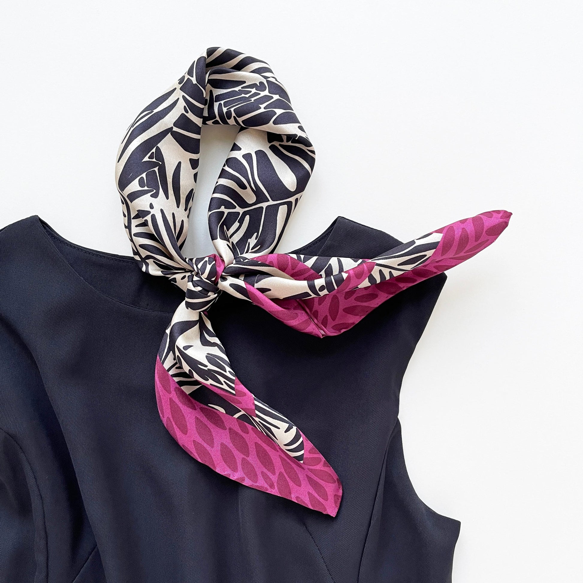 Black Beige Leafy Silk Scarf - 65cm Double-Sided Print Bandana Scarf with Hand-Rolled Edges