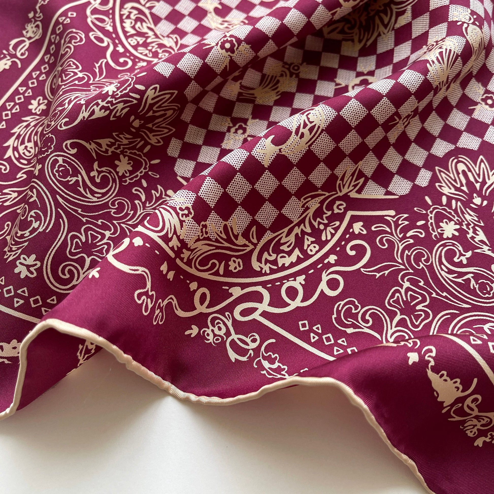 Baroque Check Silk Scarf - 53cm Hand-rolled Women's Bandana Neck Scarf