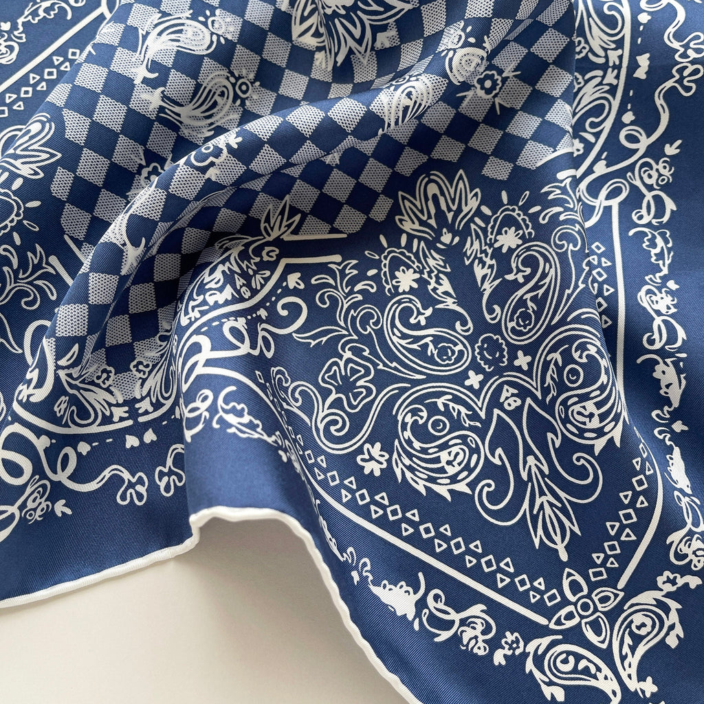 Baroque Check Silk Scarf - 53cm Hand-rolled Women's Bandana Neck Scarf