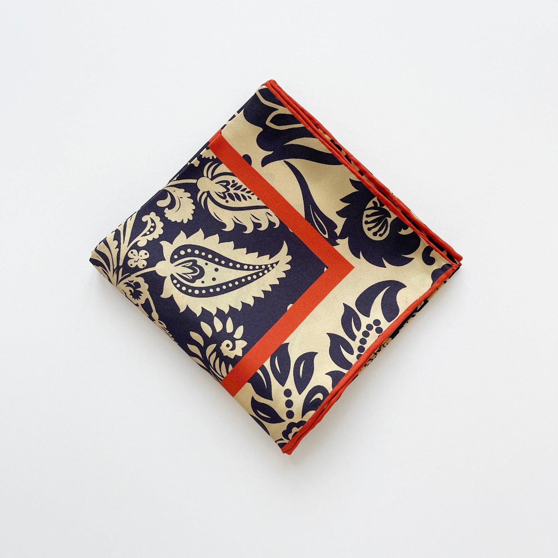 Deep Navy & Beige Regal Paisley Silk Scarf - 65cm Double-sided Print Unisex Square with Hand-rolled Edges