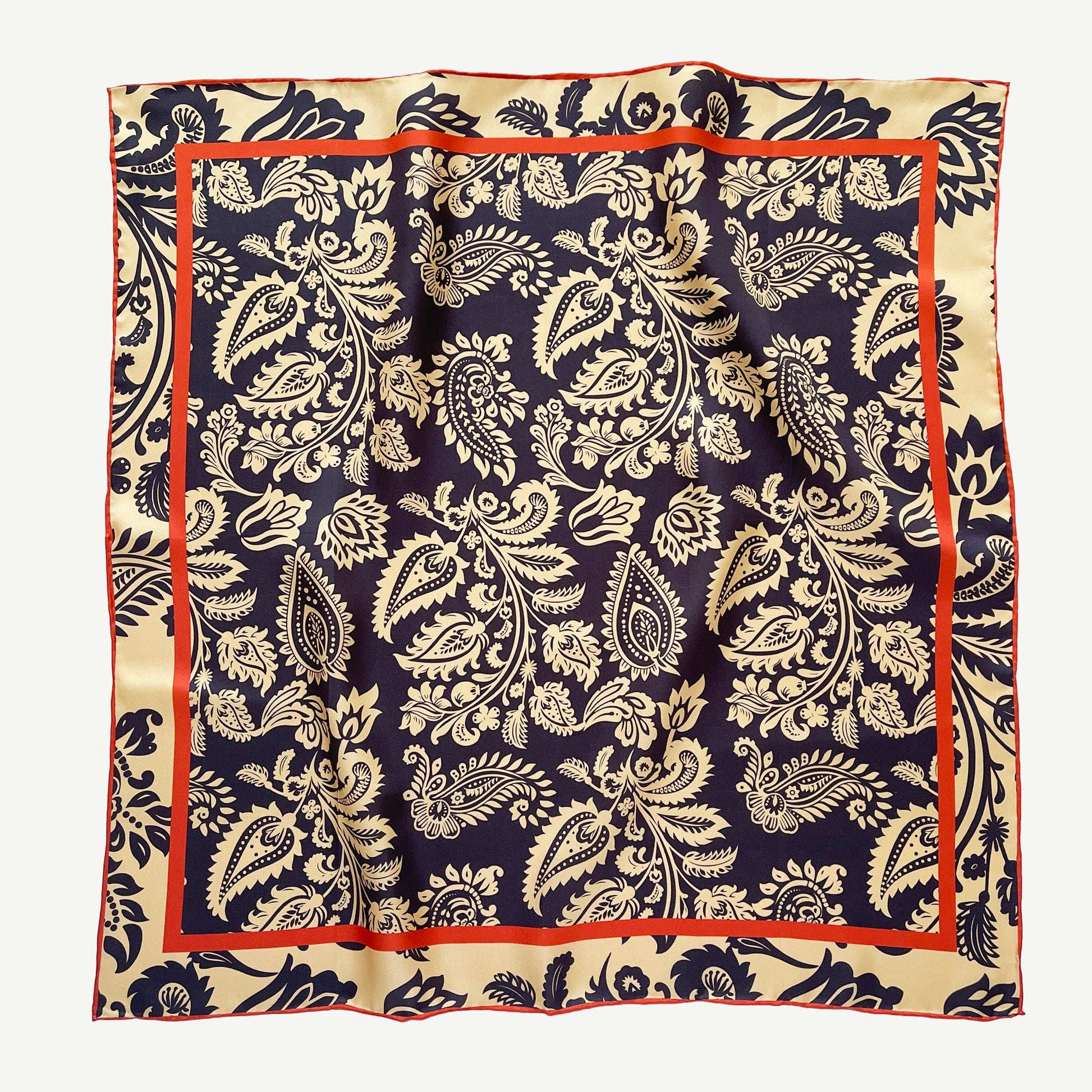 Deep Navy & Beige Regal Paisley Silk Scarf - 65cm Double-sided Print Unisex Square with Hand-rolled Edges