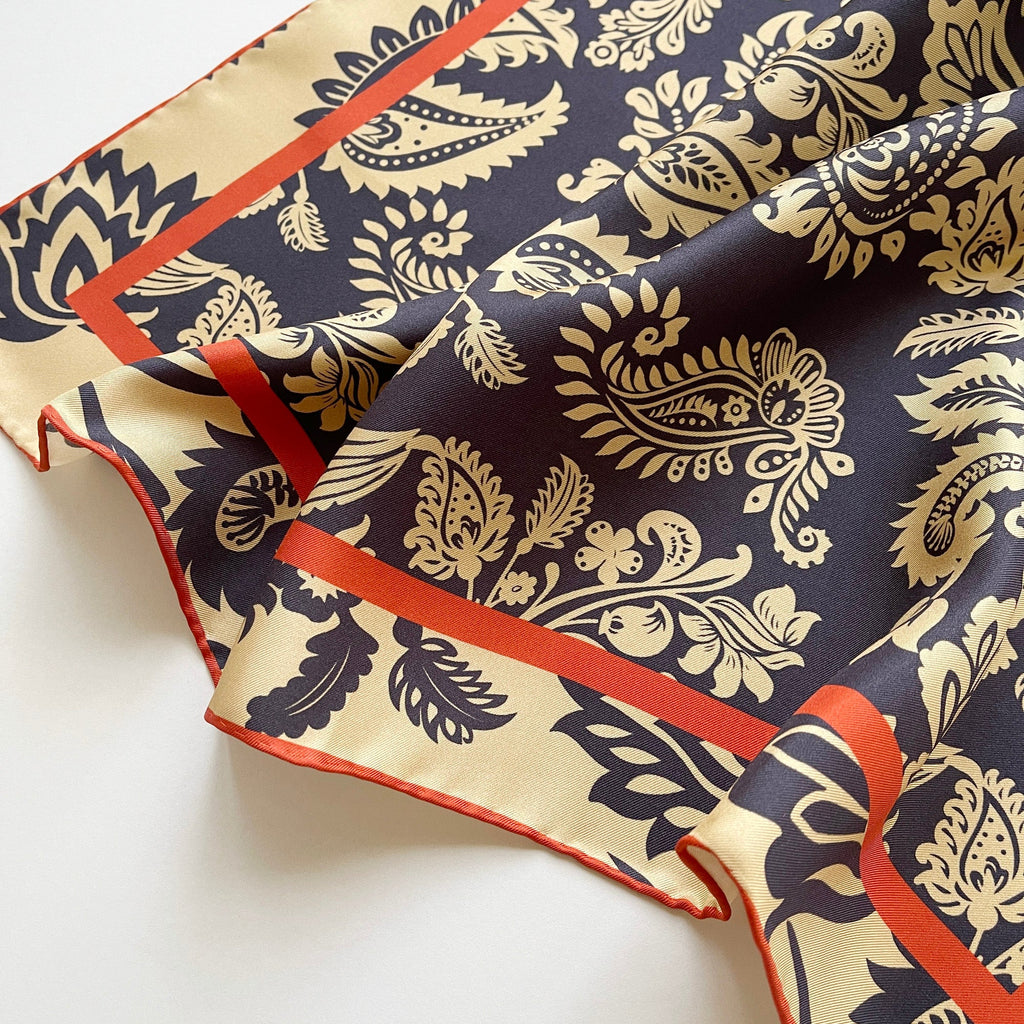 Deep Navy & Beige Regal Paisley Silk Scarf - 65cm Double-sided Print Unisex Square with Hand-rolled Edges