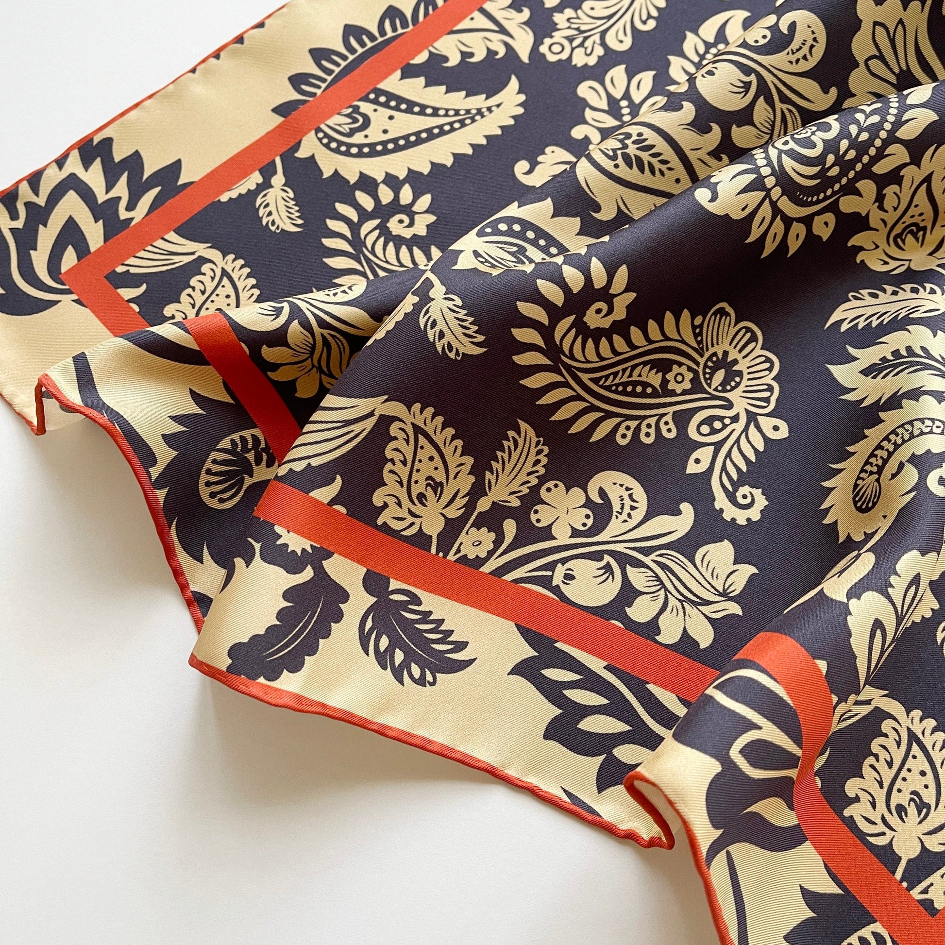 Deep Navy & Beige Regal Paisley Silk Scarf - 65cm Double-sided Print Unisex Square with Hand-rolled Edges
