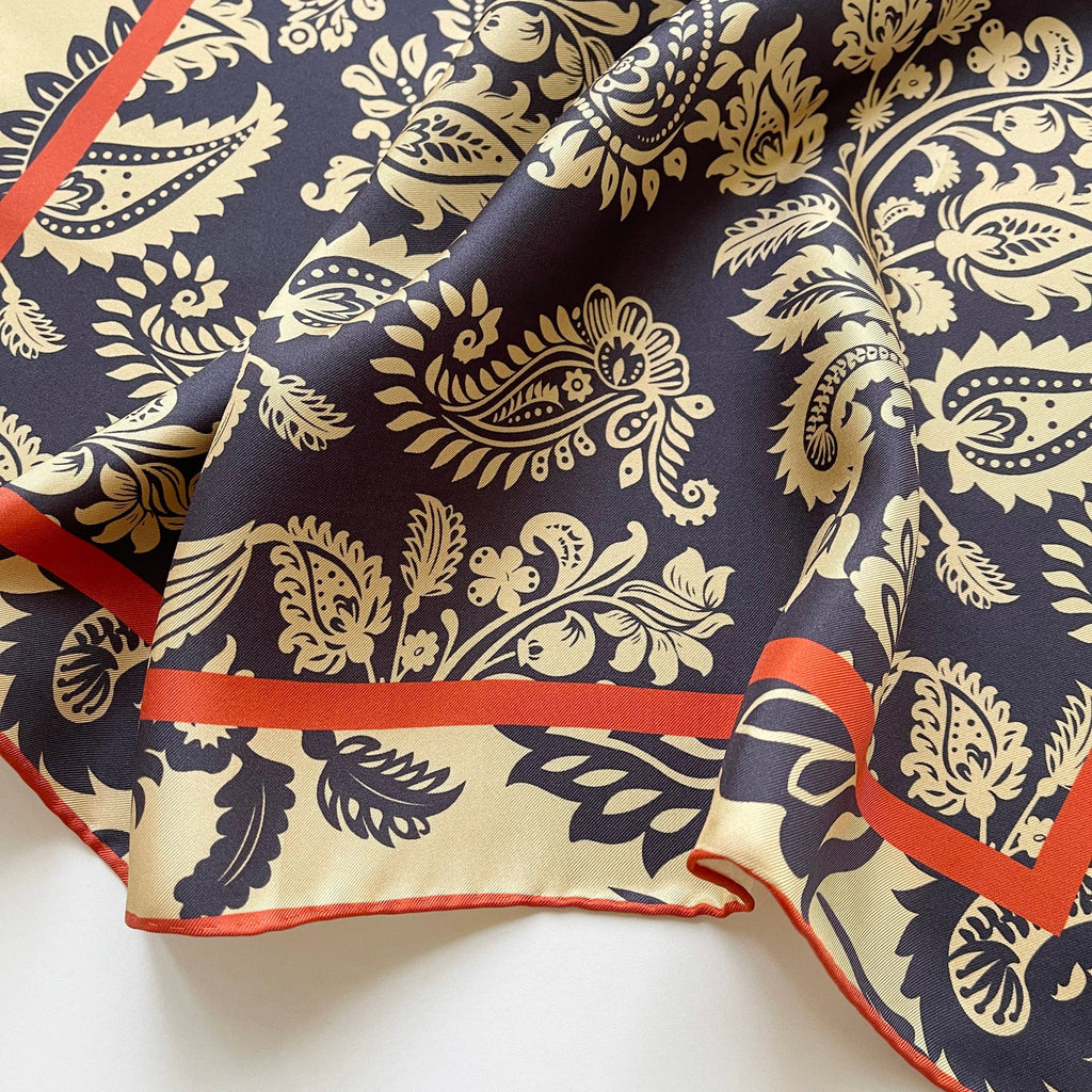 Deep Navy & Beige Regal Paisley Silk Scarf - 65cm Double-sided Print Unisex Square with Hand-rolled Edges