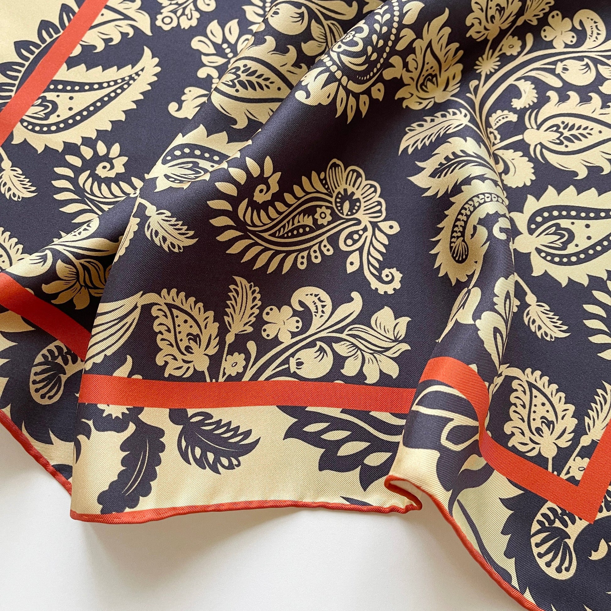 Deep Navy & Beige Regal Paisley Silk Scarf - 65cm Double-sided Print Unisex Square with Hand-rolled Edges