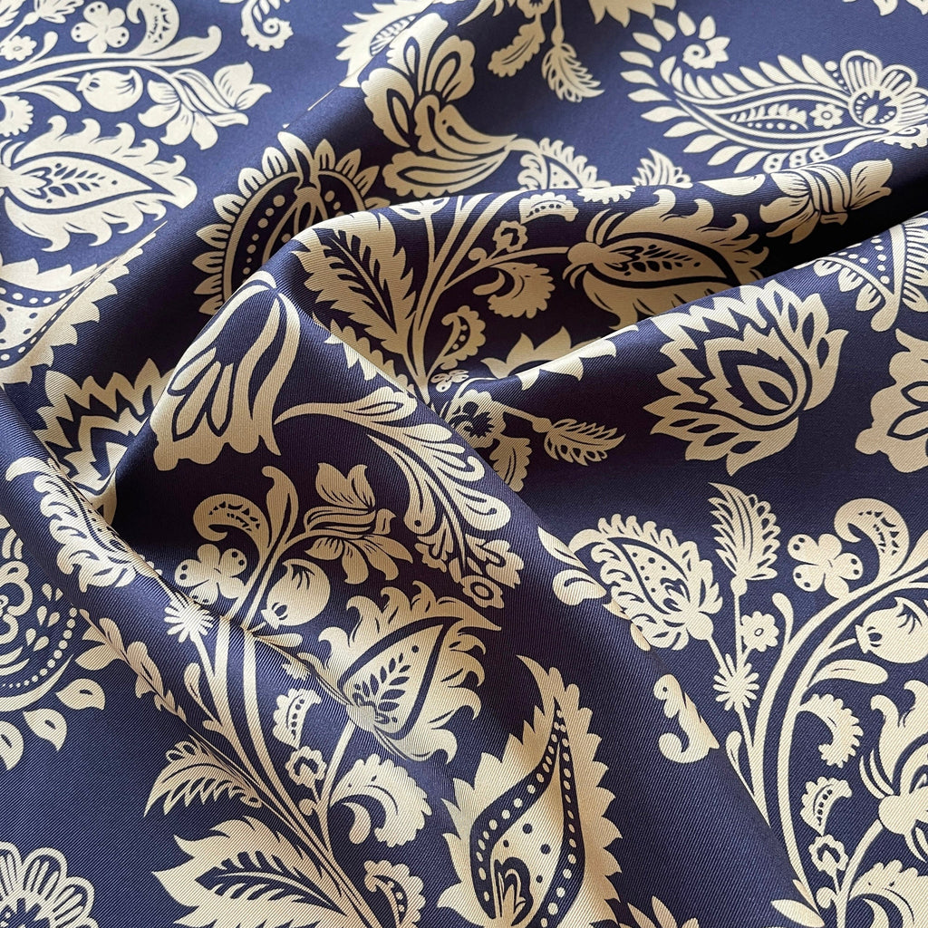 Deep Navy & Beige Regal Paisley Silk Scarf - 65cm Double-sided Print Unisex Square with Hand-rolled Edges