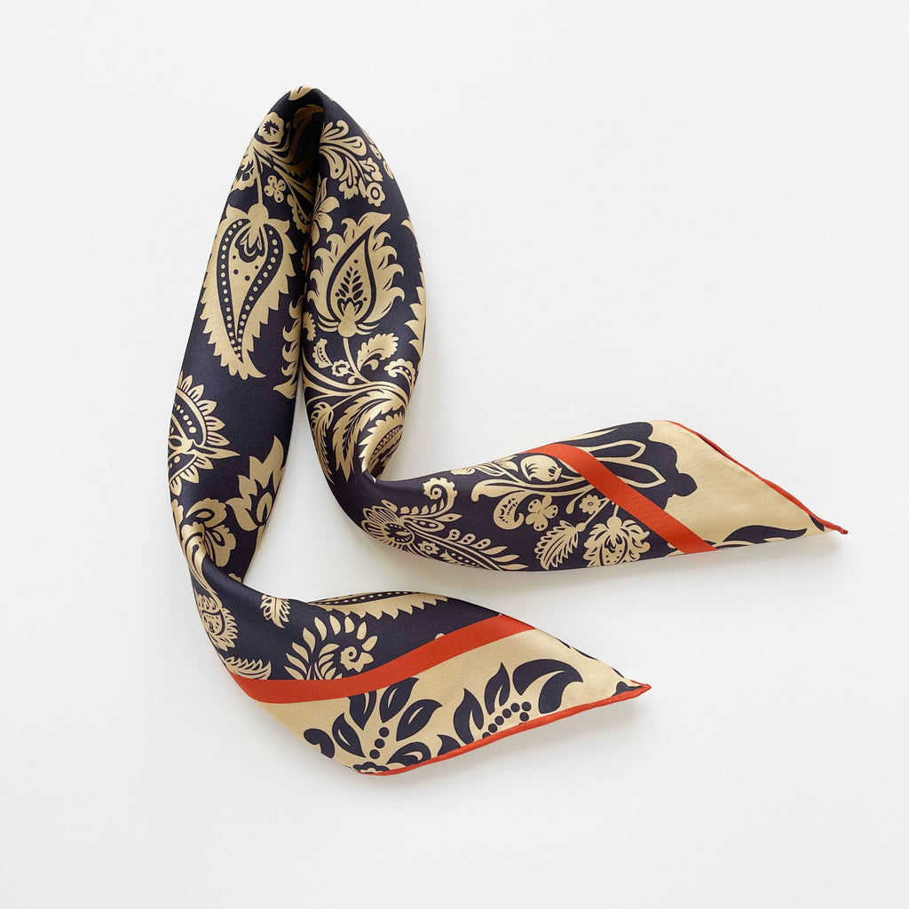 Deep Navy & Beige Regal Paisley Silk Scarf - 65cm Double-sided Print Unisex Square with Hand-rolled Edges