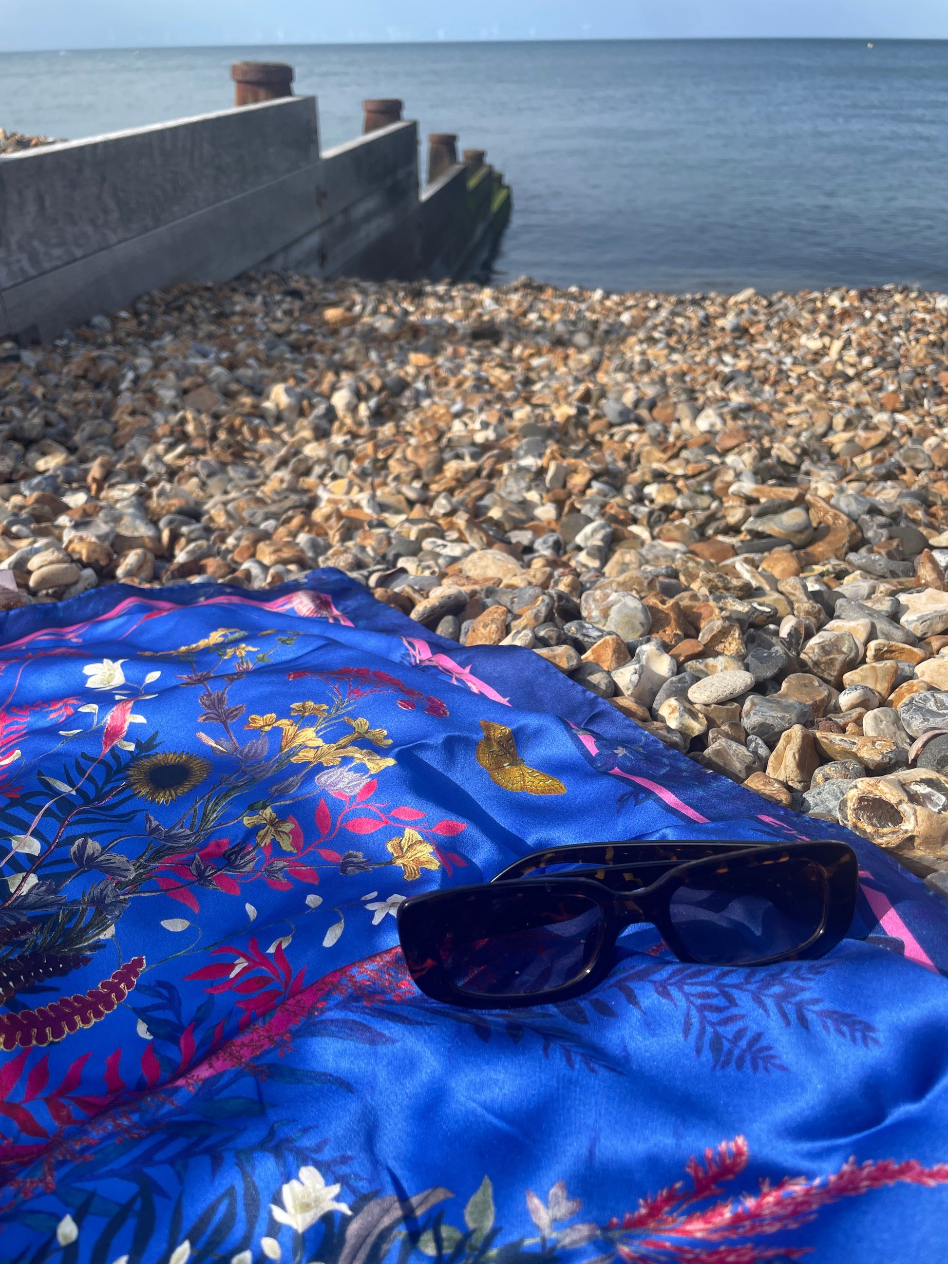 Royal Blue Flourish Silk Scarf with Sunflowers and Wildflowers