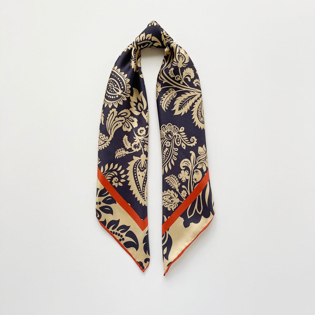 Deep Navy & Beige Regal Paisley Silk Scarf - 65cm Double-sided Print Unisex Square with Hand-rolled Edges