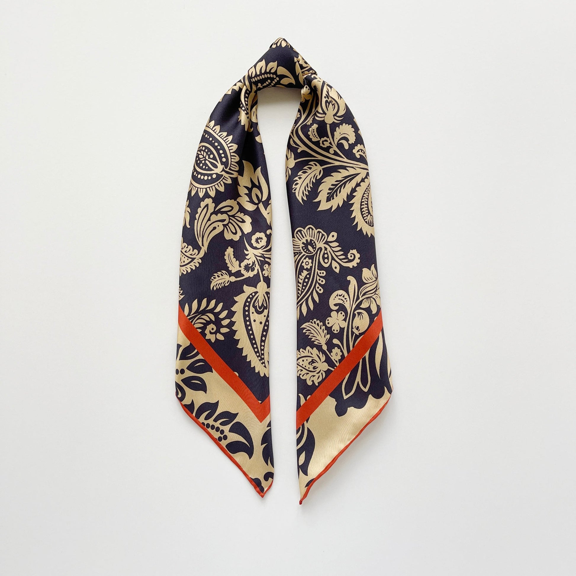 Deep Navy & Beige Regal Paisley Silk Scarf - 65cm Double-sided Print Unisex Square with Hand-rolled Edges