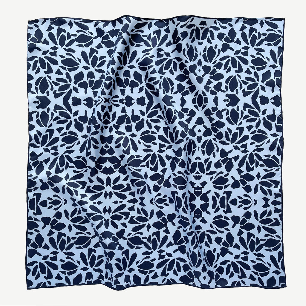 Blue Melody Silk Scarf - 65cm Double-Sided Print with Hand-Rolled Edges