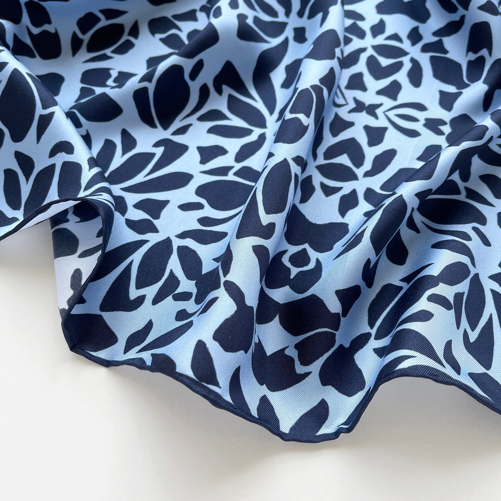 Blue Melody Silk Scarf - 65cm Double-Sided Print with Hand-Rolled Edges