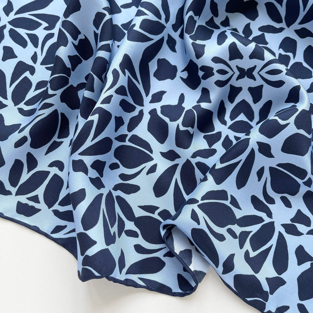 Blue Melody Silk Scarf - 65cm Double-Sided Print with Hand-Rolled Edges