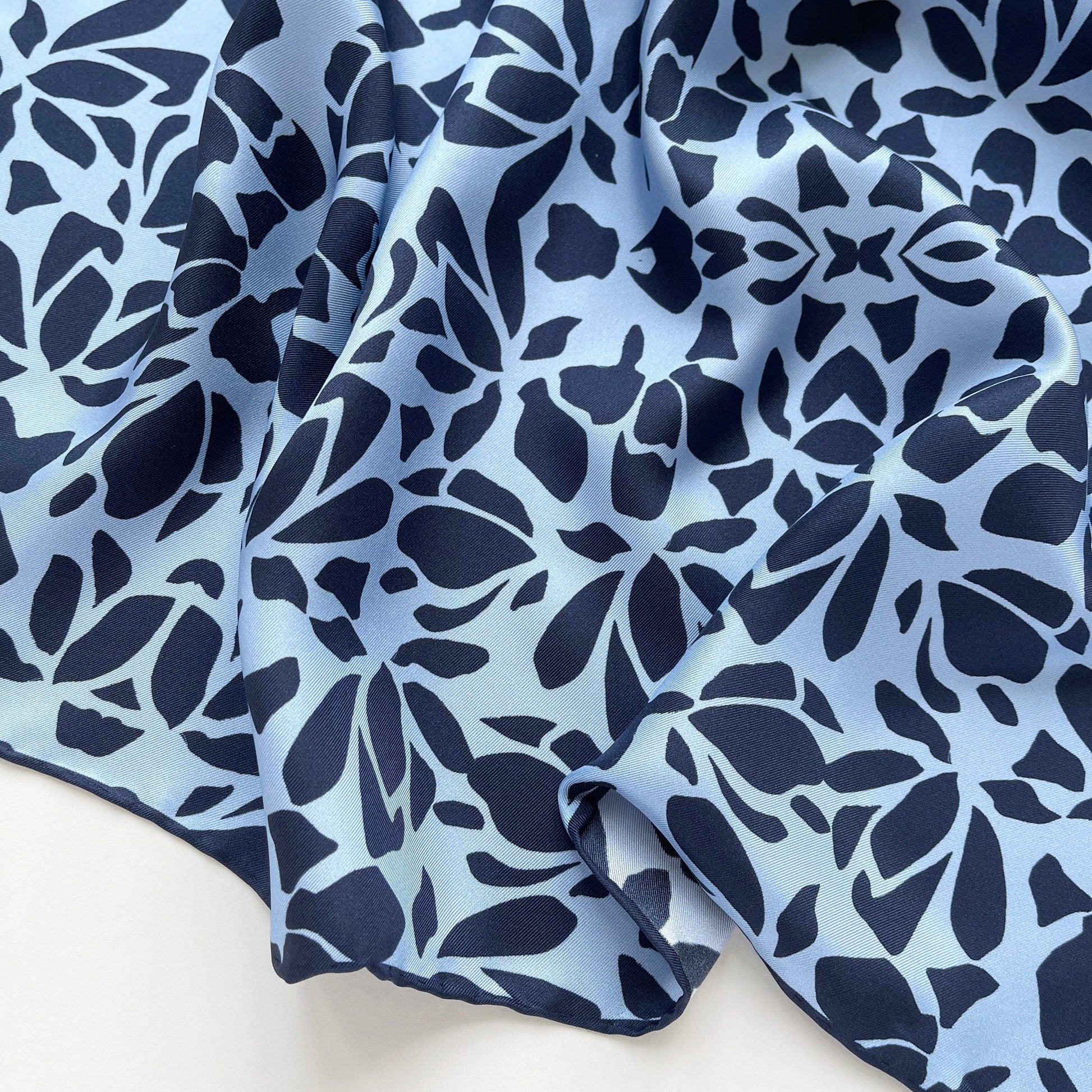 Blue Melody Silk Scarf - 65cm Double-Sided Print with Hand-Rolled Edges