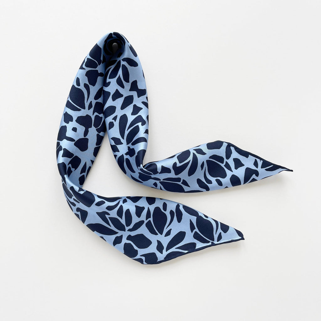 Blue Melody Silk Scarf - 65cm Double-Sided Print with Hand-Rolled Edges