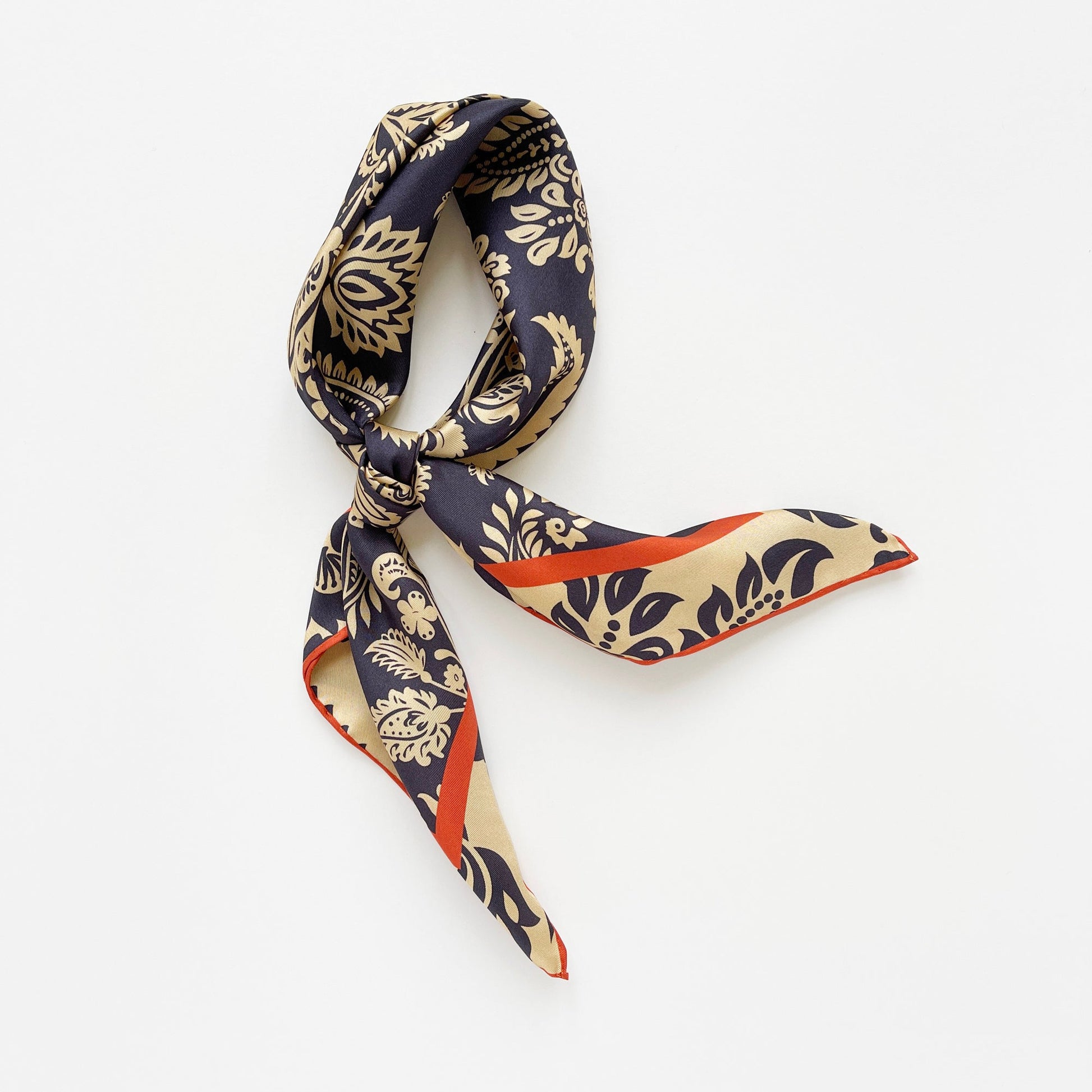 Deep Navy & Beige Regal Paisley Silk Scarf - 65cm Double-sided Print Unisex Square with Hand-rolled Edges