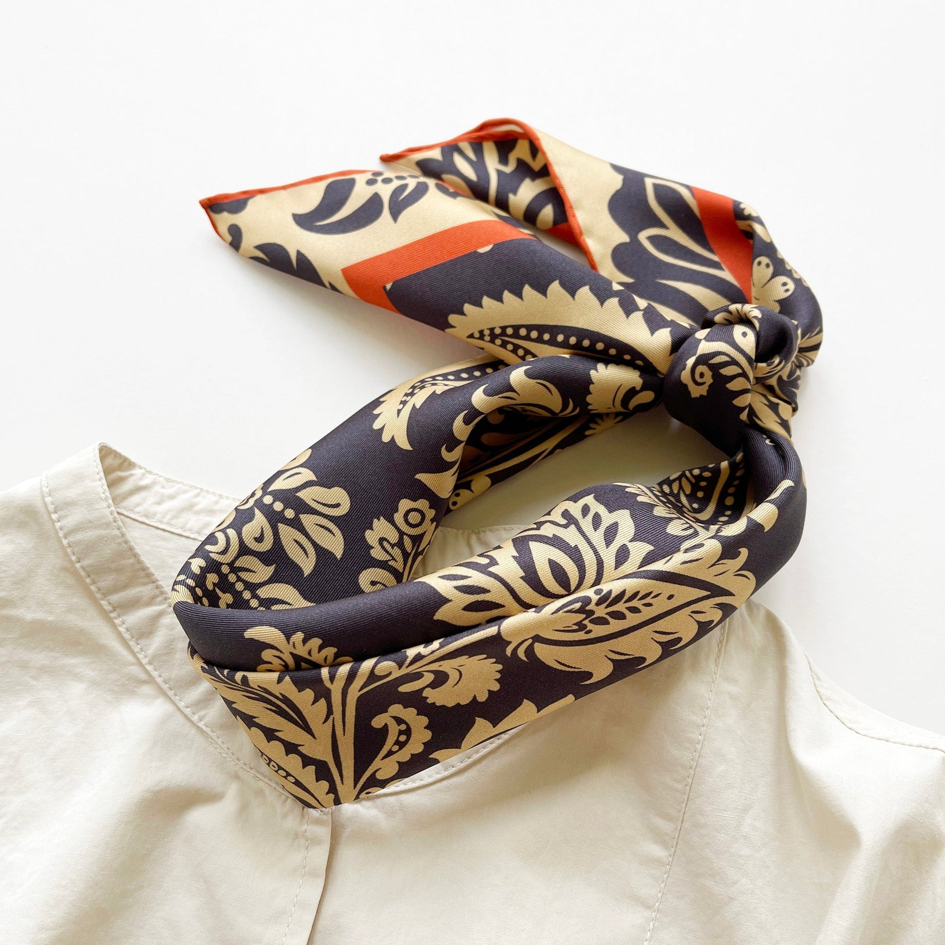 Deep Navy & Beige Regal Paisley Silk Scarf - 65cm Double-sided Print Unisex Square with Hand-rolled Edges