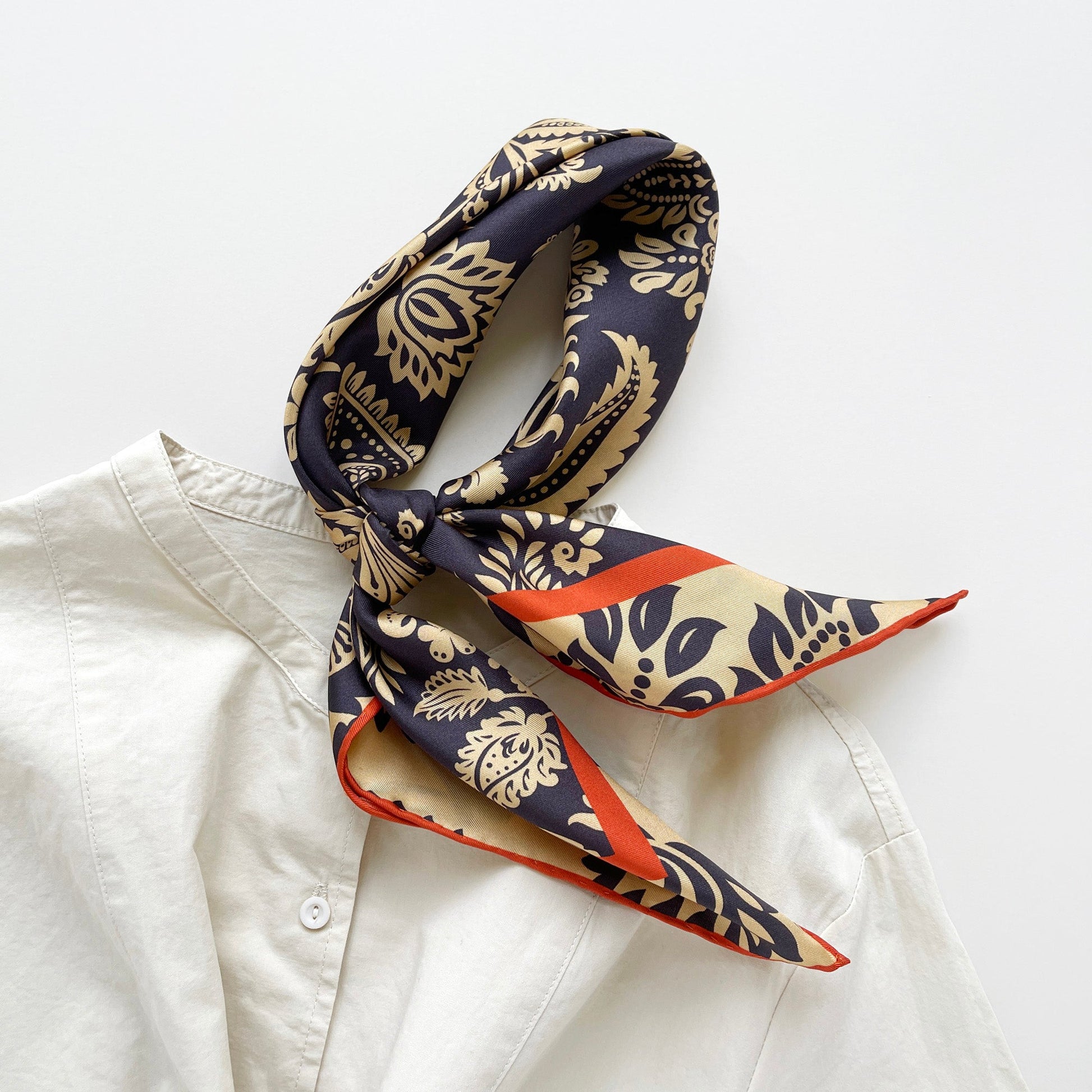 Deep Navy & Beige Regal Paisley Silk Scarf - 65cm Double-sided Print Unisex Square with Hand-rolled Edges