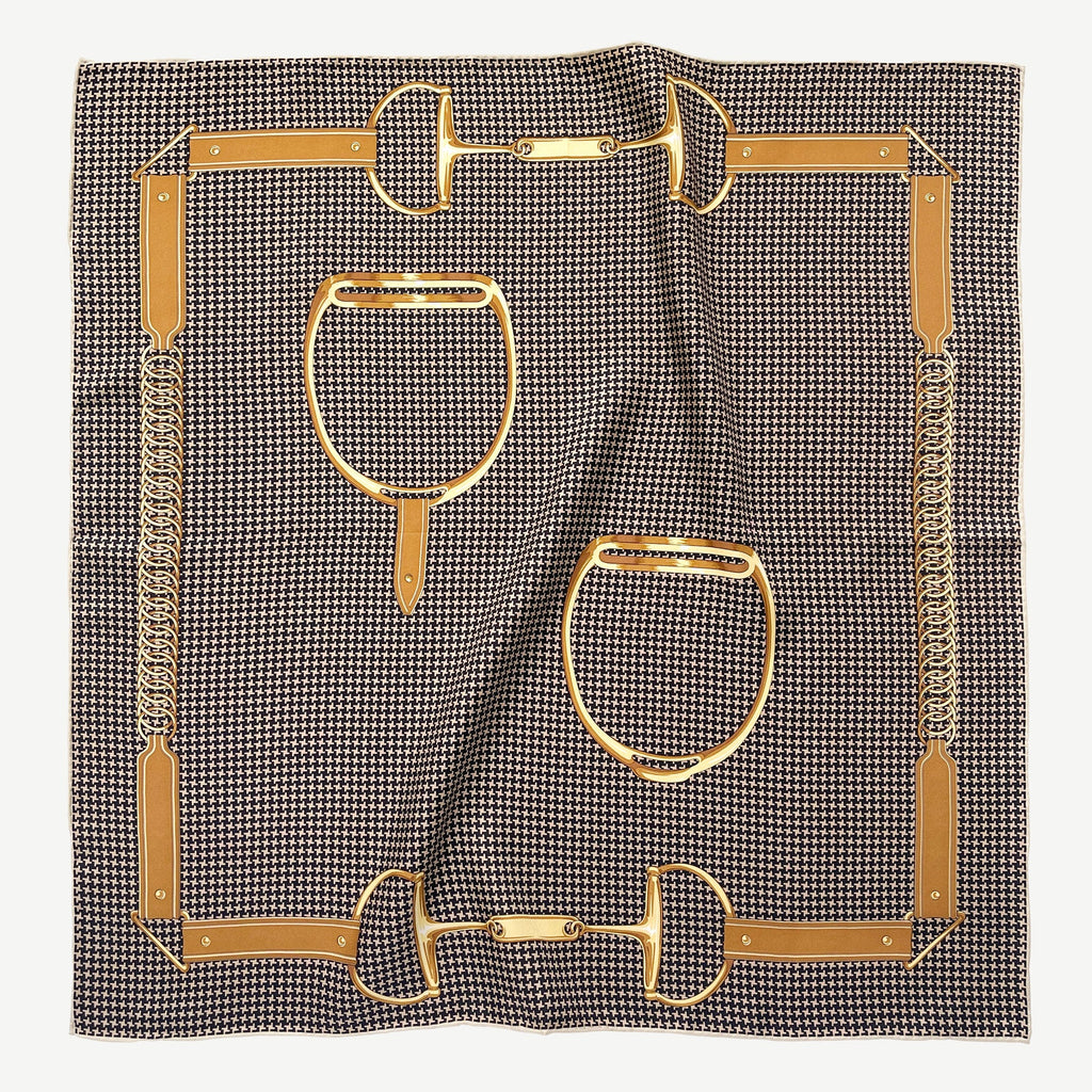 Black & Beige Classic Houndstooth Silk Scarf – 65cm Hand-Rolled Square Bandana