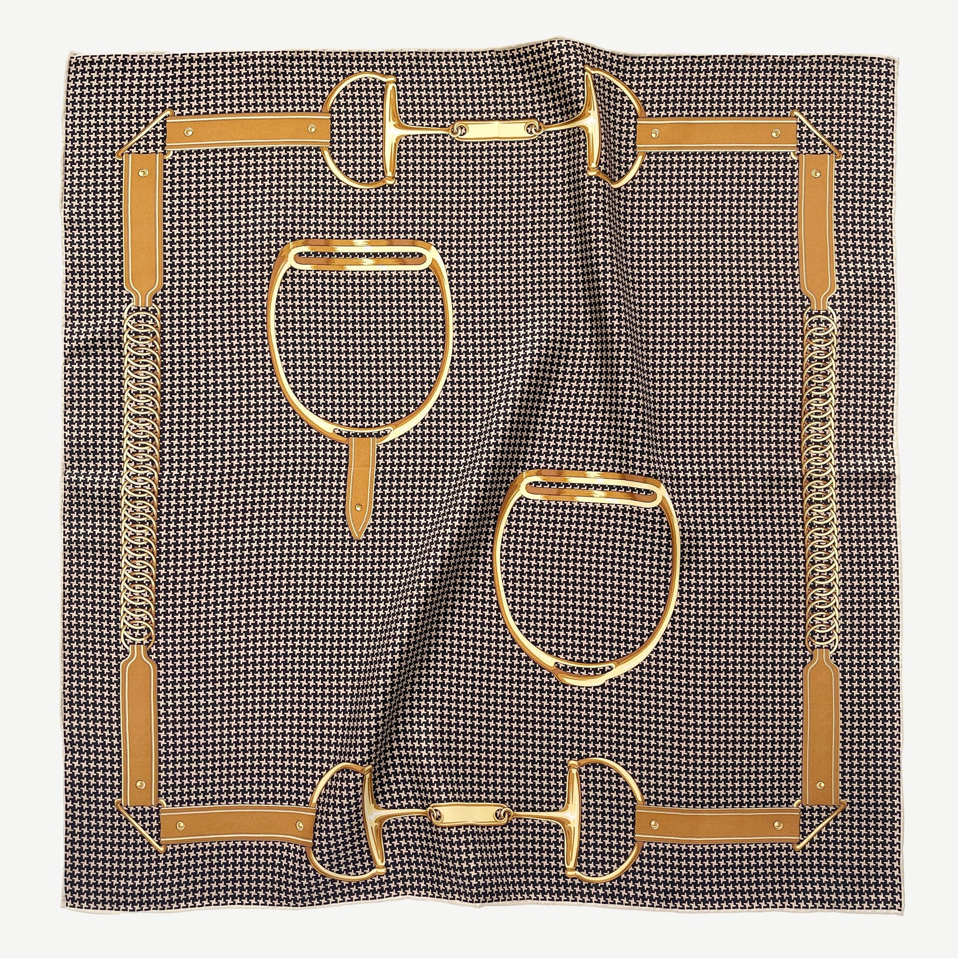 Black & Beige Classic Houndstooth Silk Scarf – 65cm Hand-Rolled Square Bandana