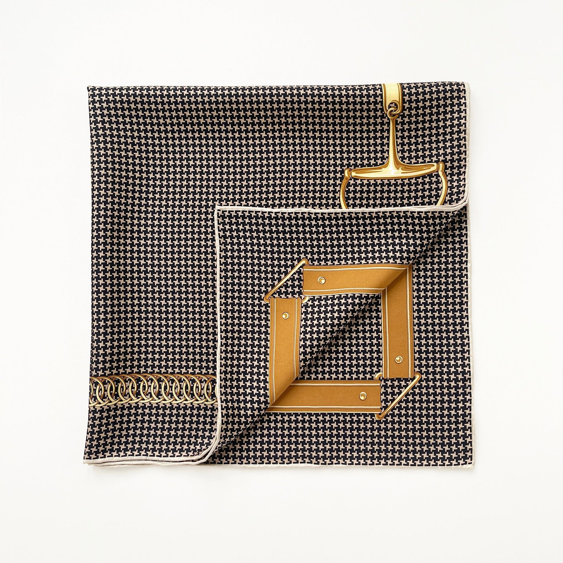 Black & Beige Classic Houndstooth Silk Scarf – 65cm Hand-Rolled Square Bandana