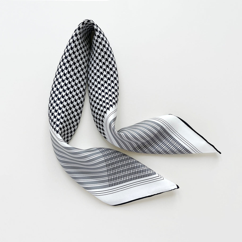 Classic Houndstooth Silk Square Scarf - 65cm Hand-rolled Bandana Scarf