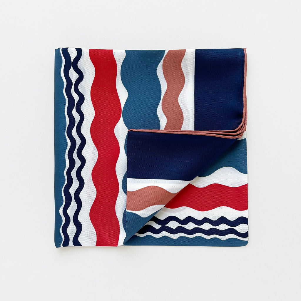 Blue Wave Silk Scarf - 90cm Hand-rolled Women's Head Scarf