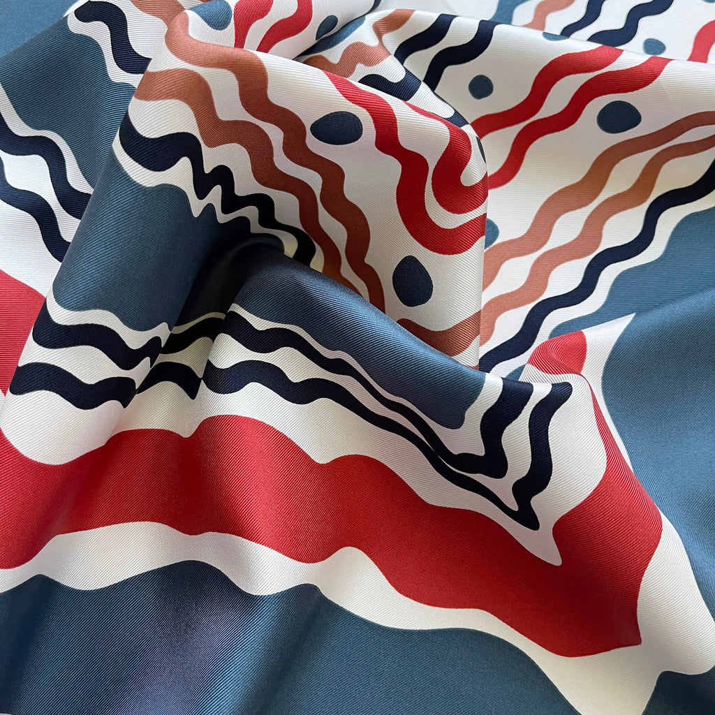 Blue Wave Silk Scarf - 90cm Hand-rolled Women's Head Scarf