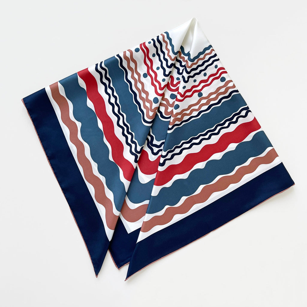 Blue Wave Silk Scarf - 90cm Hand-rolled Women's Head Scarf